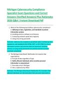 Michigan Cybersecurity Compliance  Specialist Exam Questions and Correct  Answers &lpar;Verified Answers&rpar; Plus Rationales  2026 Q&A &vert; Instant Download Pdf 