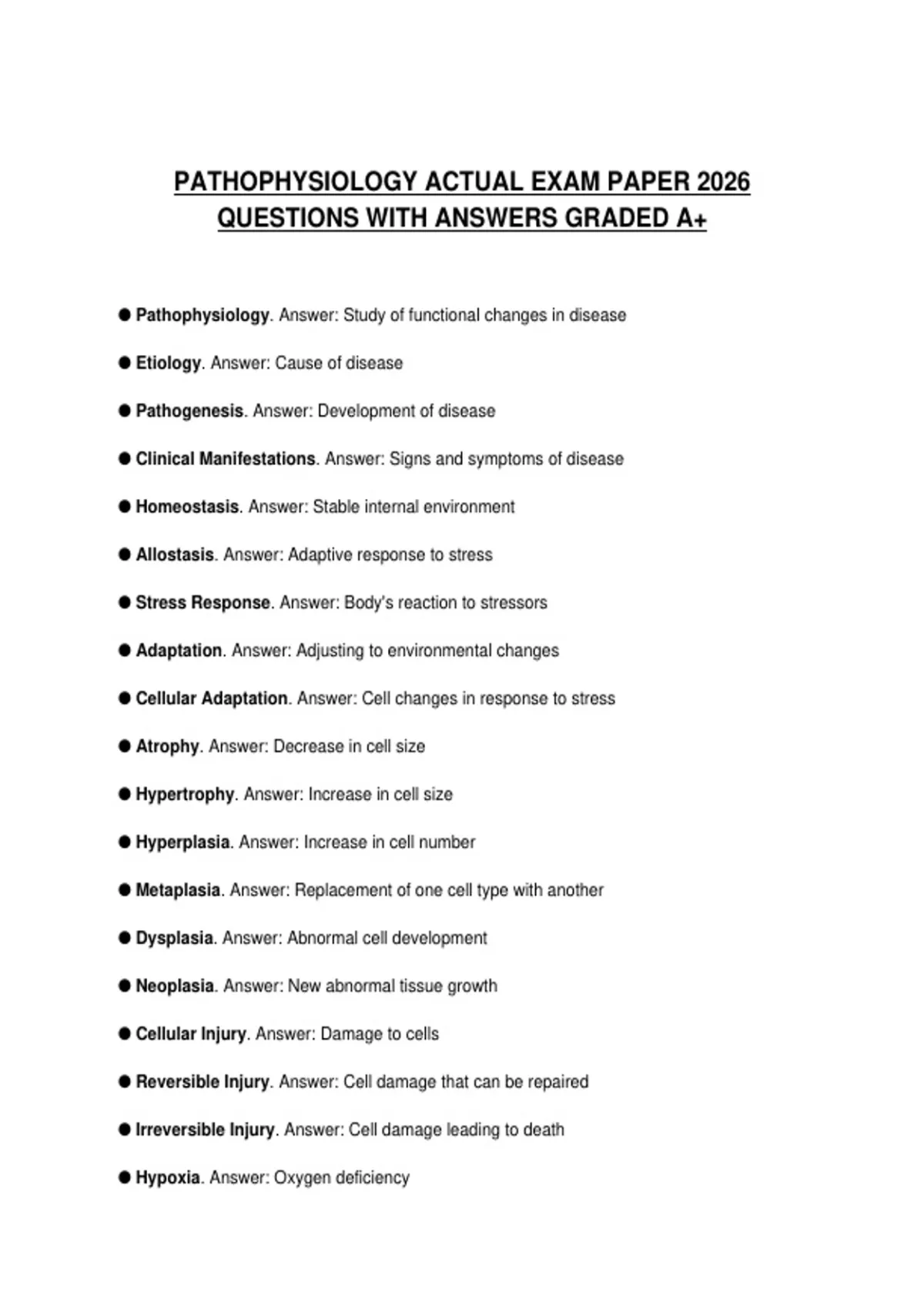 PATHOPHYSIOLOGY ACTUAL EXAM PAPER 2026 QUESTIONS WITH ANSWERS GRADED A+ ...
