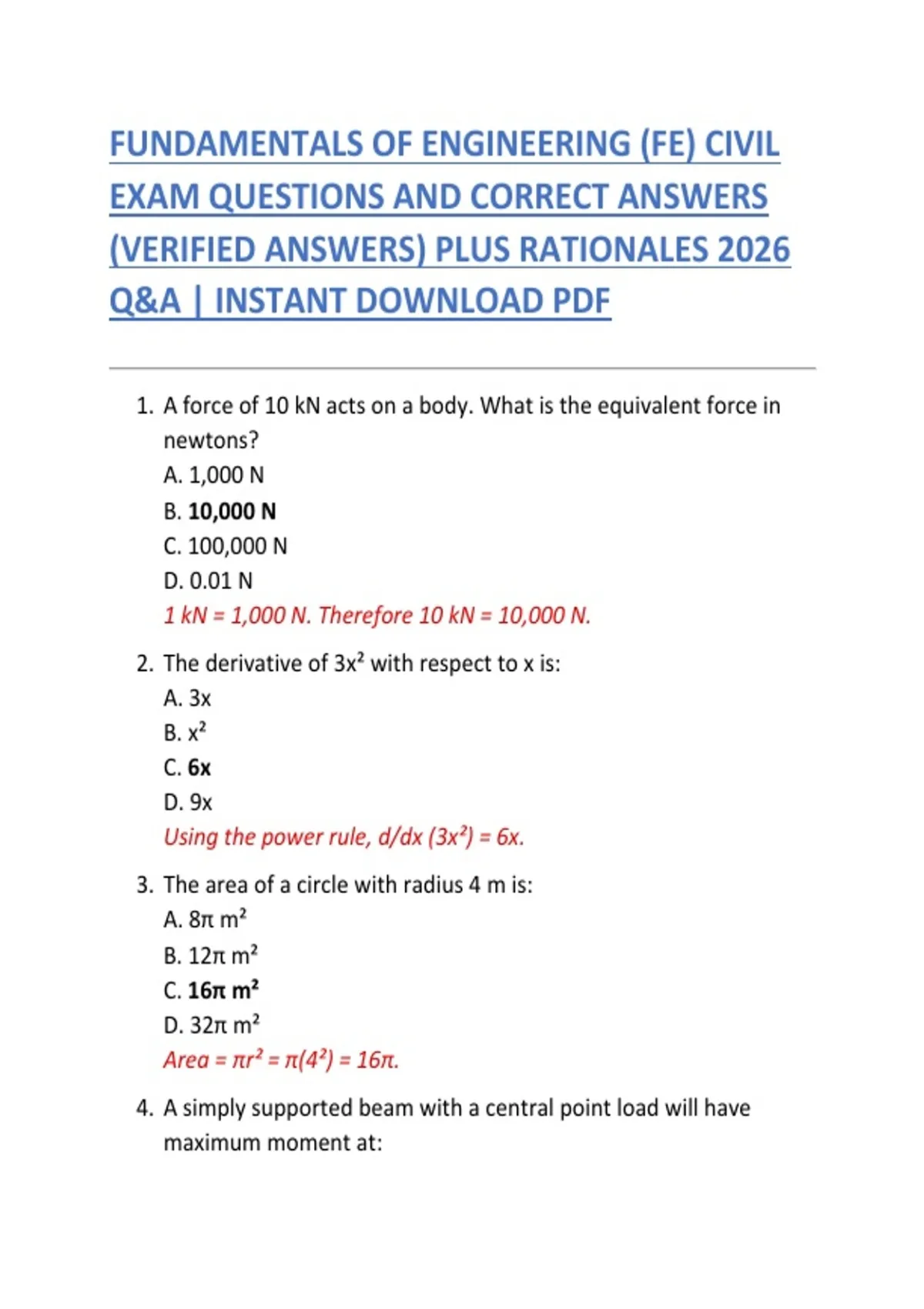 FUNDAMENTALS OF ENGINEERING (FE) CIVIL EXAM QUESTIONS AND CORRECT ...
