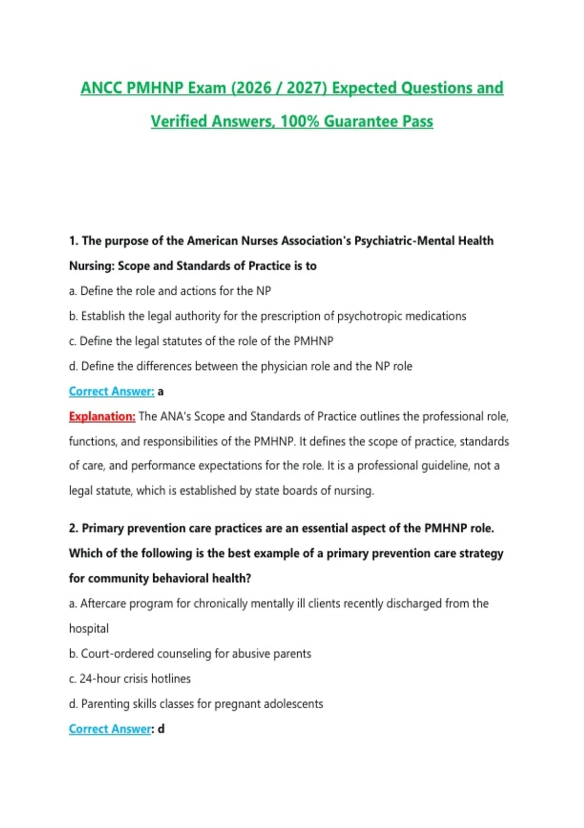 ANCC PMHNP Exam (2026 / 2027) Expected Questions and Verified Answers ...