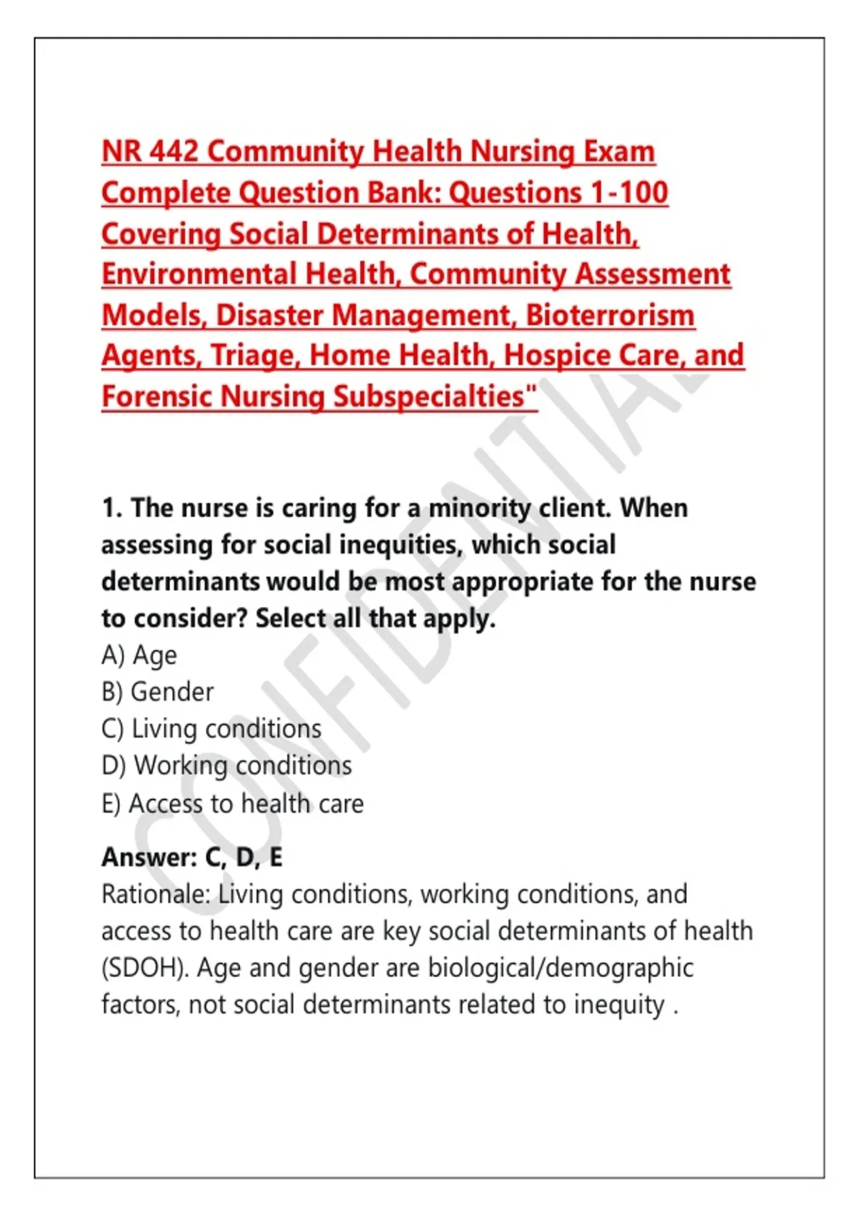 NR 442 Community Health Nursing Exam Complete Question Bank: Questions ...
