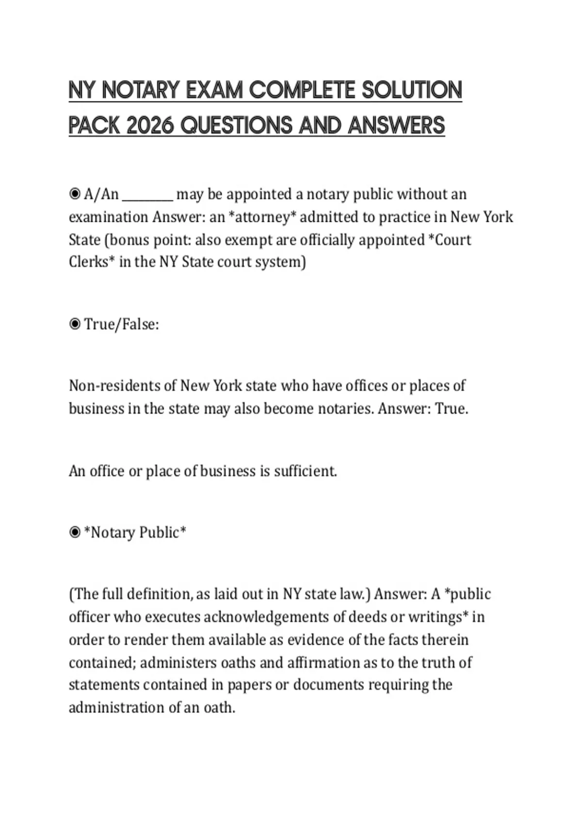 NY NOTARY EXAM COMPLETE SOLUTION PACK 2026 QUESTIONS AND ANSWERS - NY ...