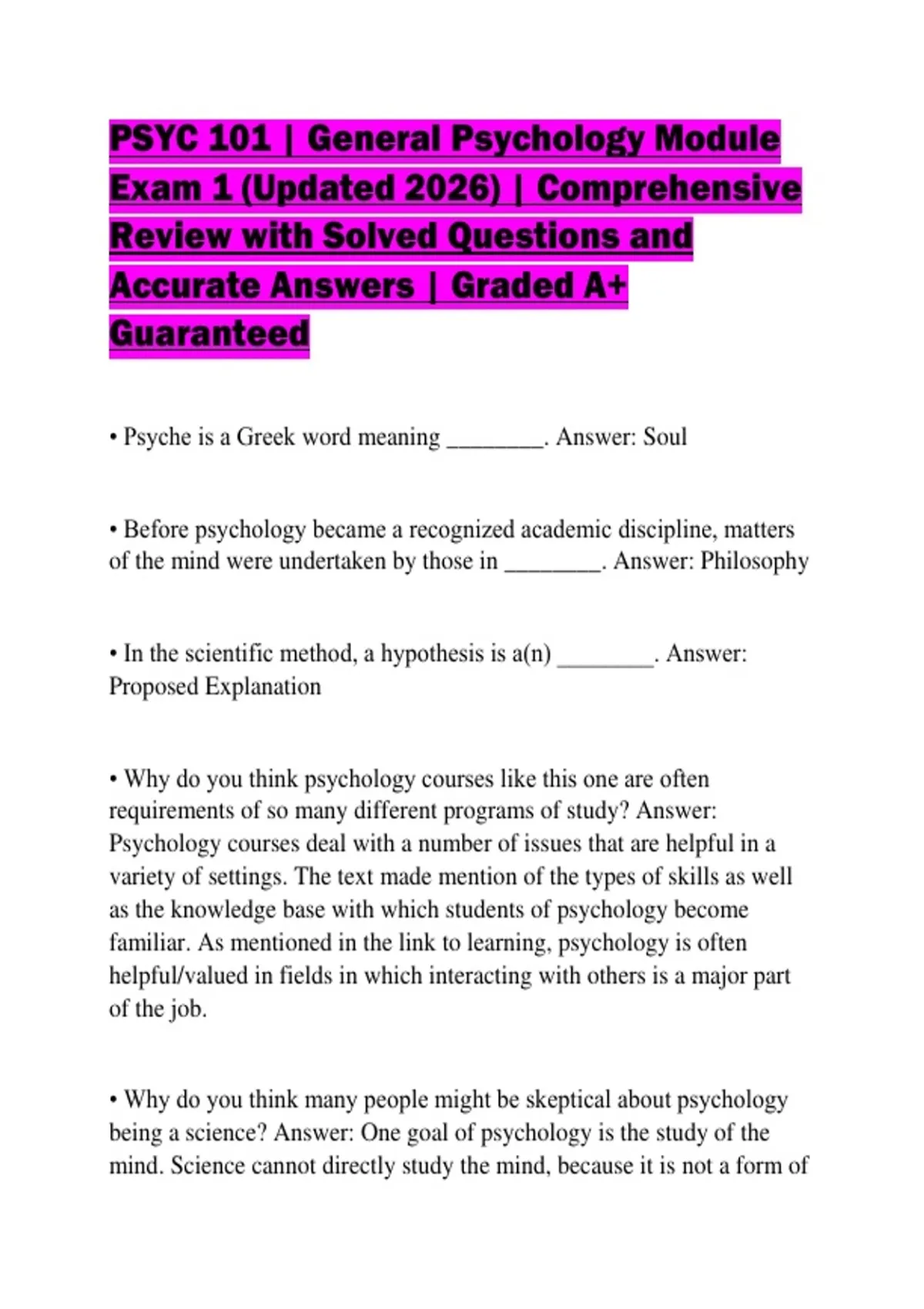 PSYC 101 | General Psychology Module Exam 1 (Updated 2026 ...