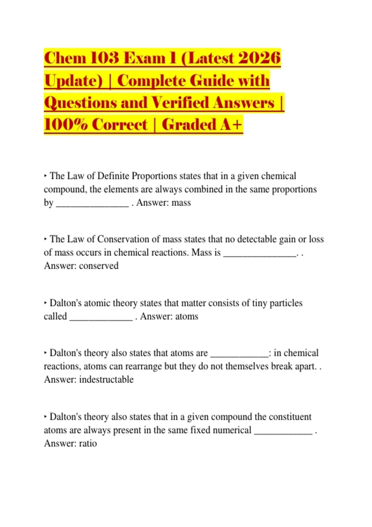 Chem 103 Exam 1 (Latest 2026 Update) | Complete Guide with Questions ...