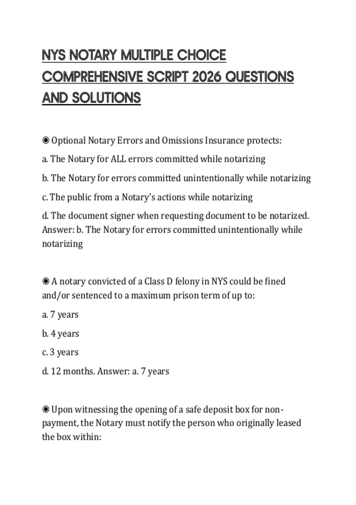 NYS NOTARY MULTIPLE CHOICE COMPREHENSIVE SCRIPT 2026 QUESTIONS AND ...