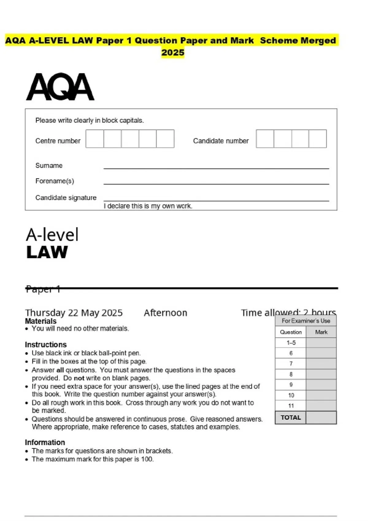 107. aqa a level slr15 translators - craig 'n' dave... AQA A-LEVEL LAW Paper 1 Question Paper and Mark Scheme Merged 2025 ...