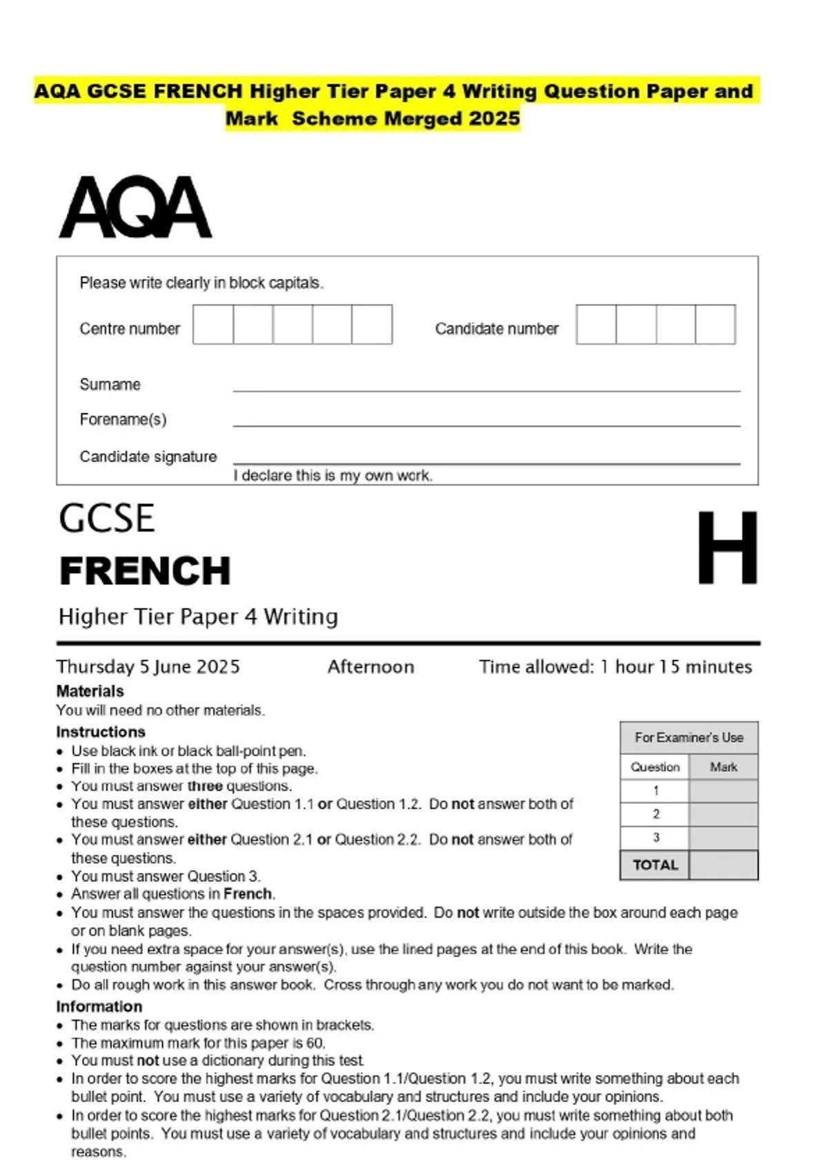 AQA GCSE FRENCH Higher Tier Paper 4 Writing Question Paper and Mark ...