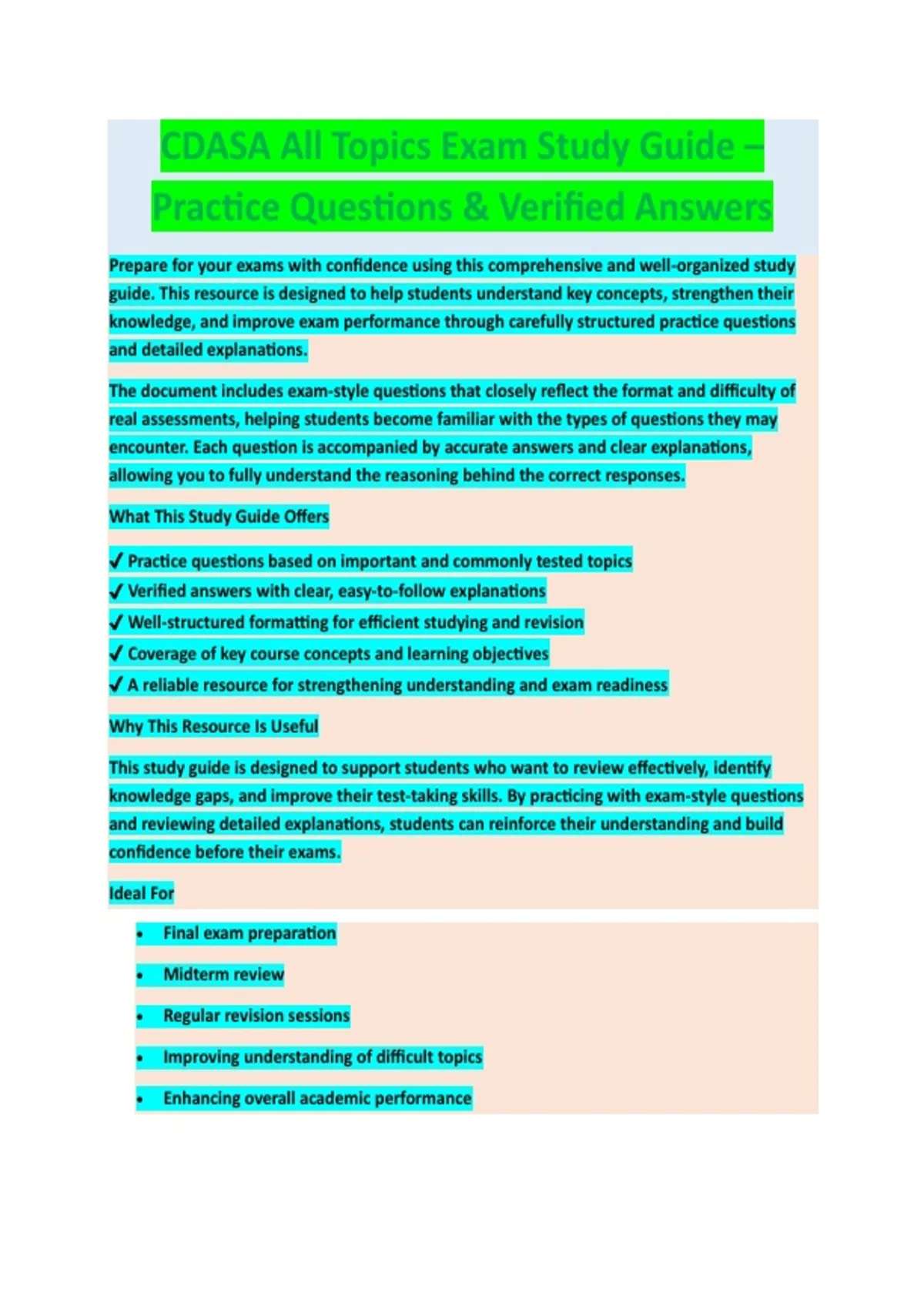 CDASA ALL TOPICS EXAM STUDY GUIDE 2026/2027 || VERIFIED QUESTIONS ...