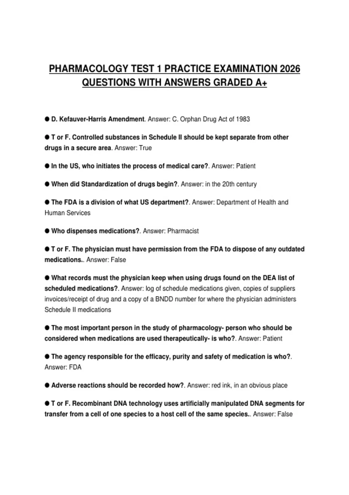 PHARMACOLOGY TEST 1 PRACTICE EXAMINATION 2026 QUESTIONS WITH ANSWERS ...