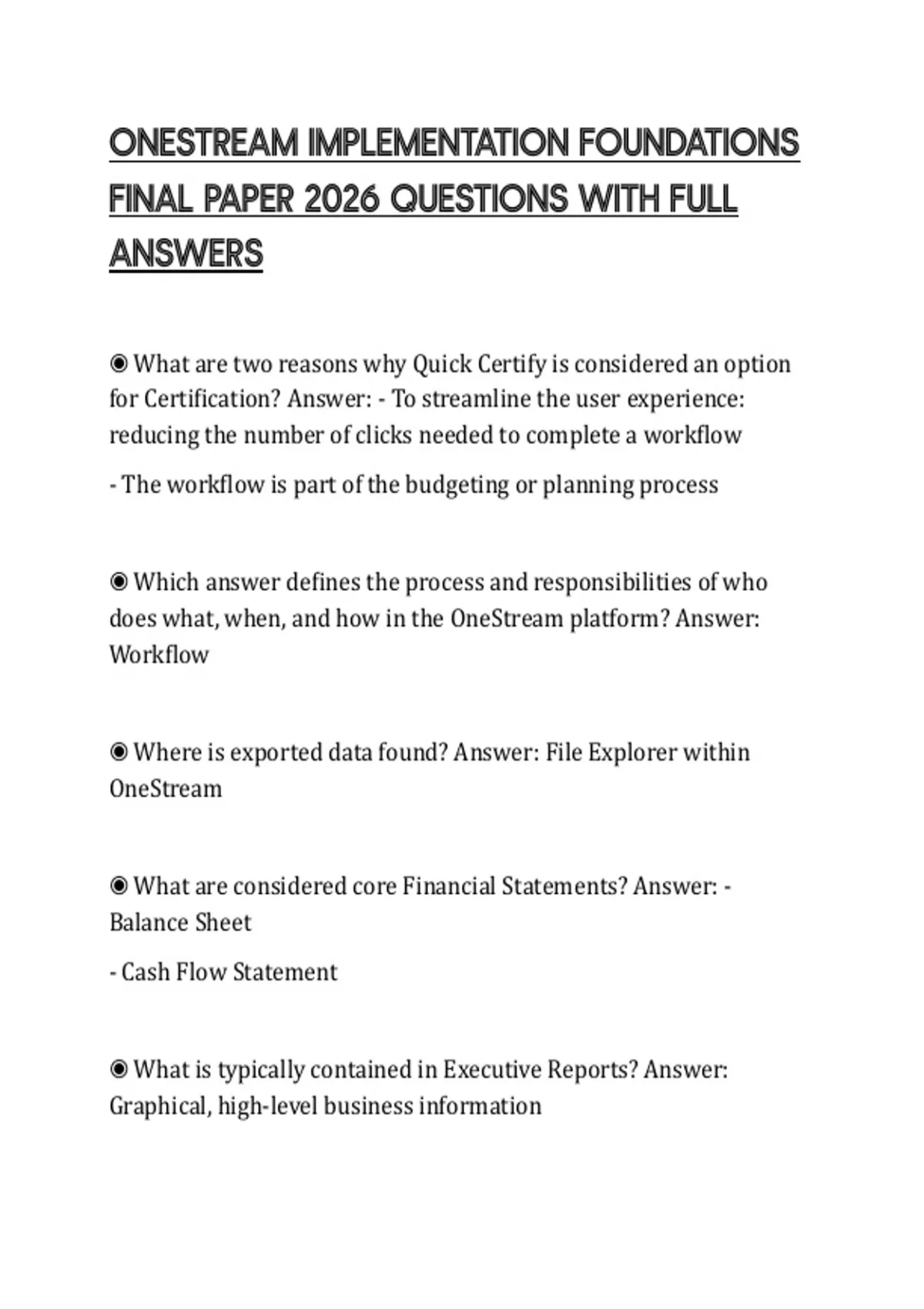 ONESTREAM IMPLEMENTATION FOUNDATIONS FINAL PAPER 2026 QUESTIONS WITH ...