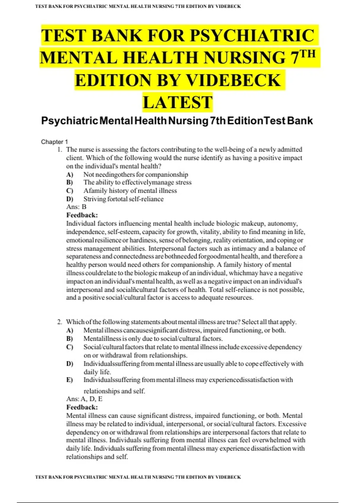 Psychiatric Mental Health Nursing 7th Edition Videbeck Test Bank ...