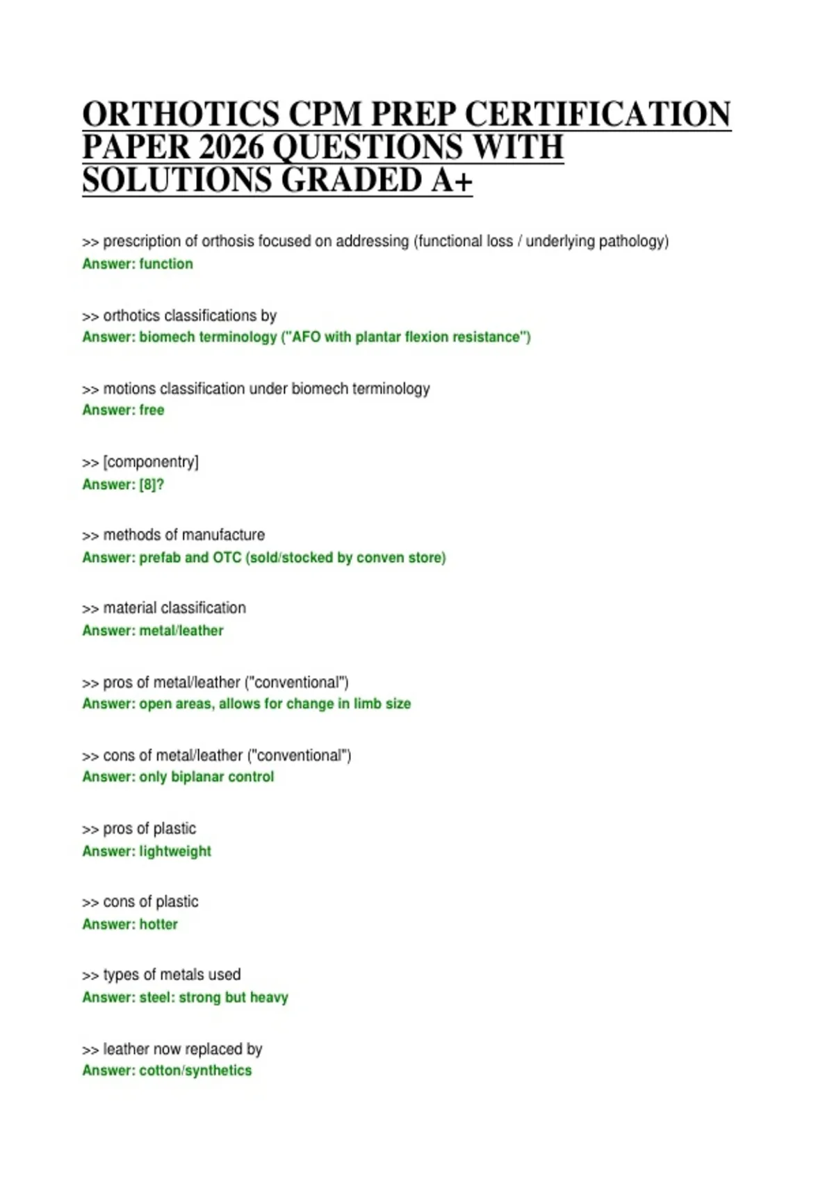 ORTHOTICS CPM PREP CERTIFICATION PAPER 2026 QUESTIONS WITH SOLUTIONS ...