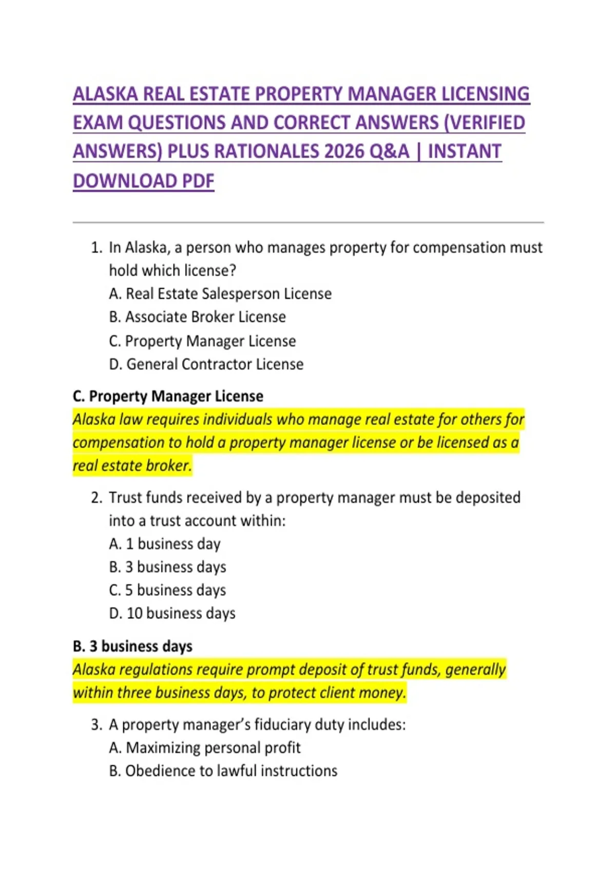 ALASKA REAL ESTATE PROPERTY MANAGER LICENSING EXAM QUESTIONS AND ...