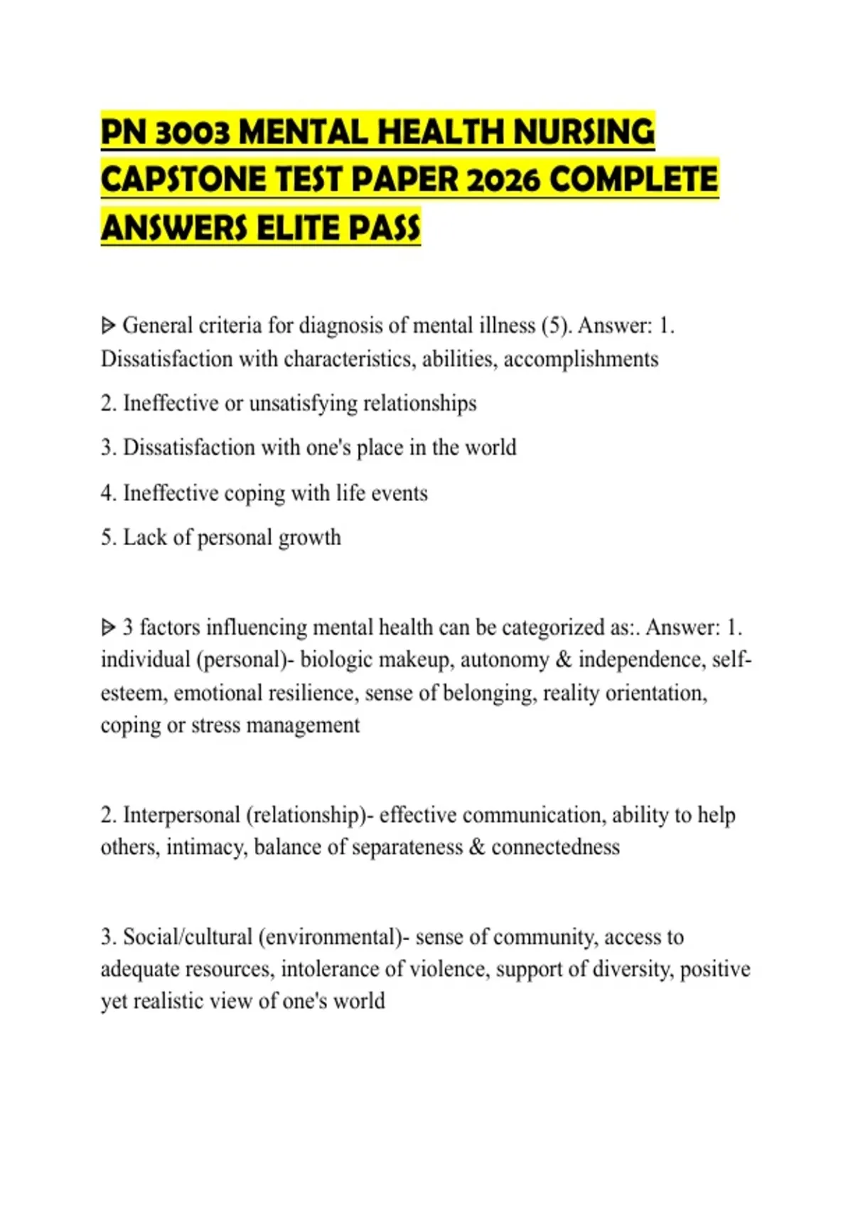 PN 3003 MENTAL HEALTH NURSING CAPSTONE TEST PAPER 2026 COMPLETE ANSWERS ...