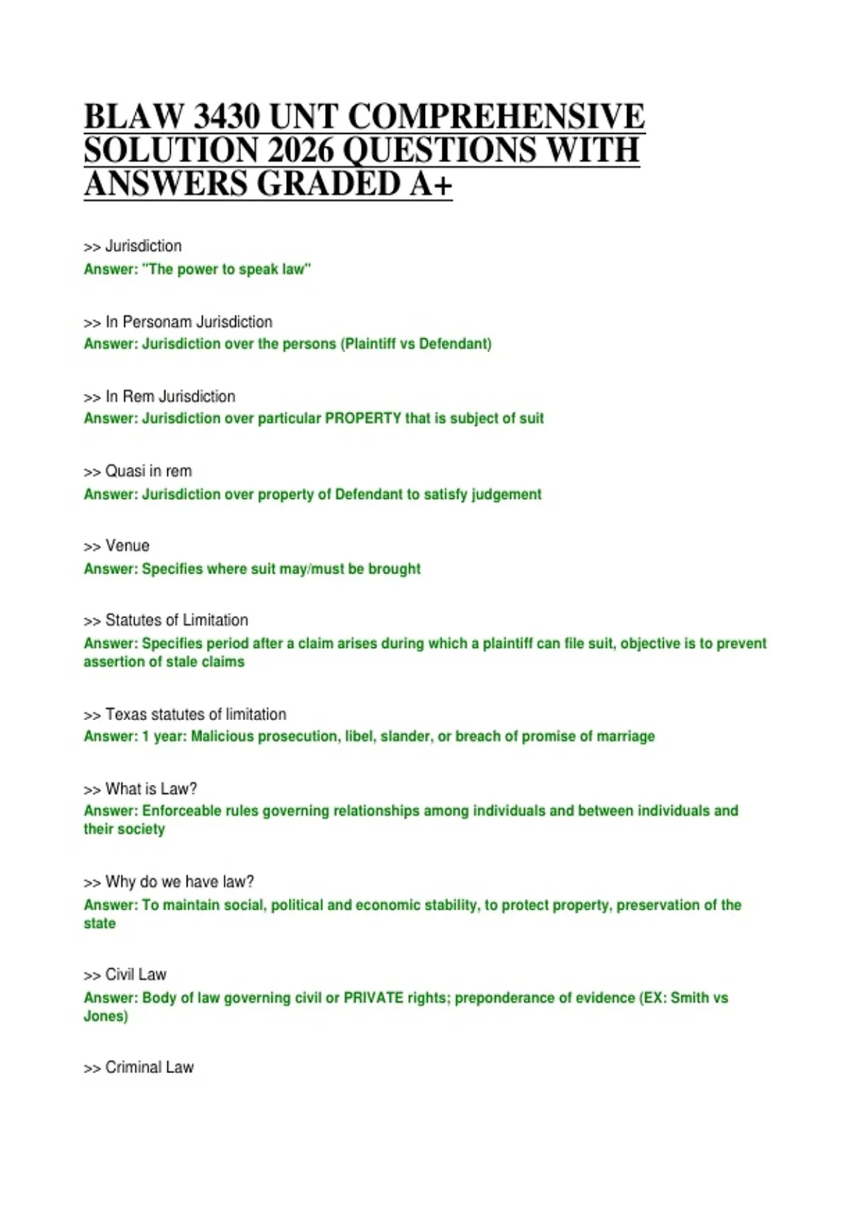 BLAW 3430 UNT COMPREHENSIVE SOLUTION 2026 QUESTIONS WITH ANSWERS GRADED ...