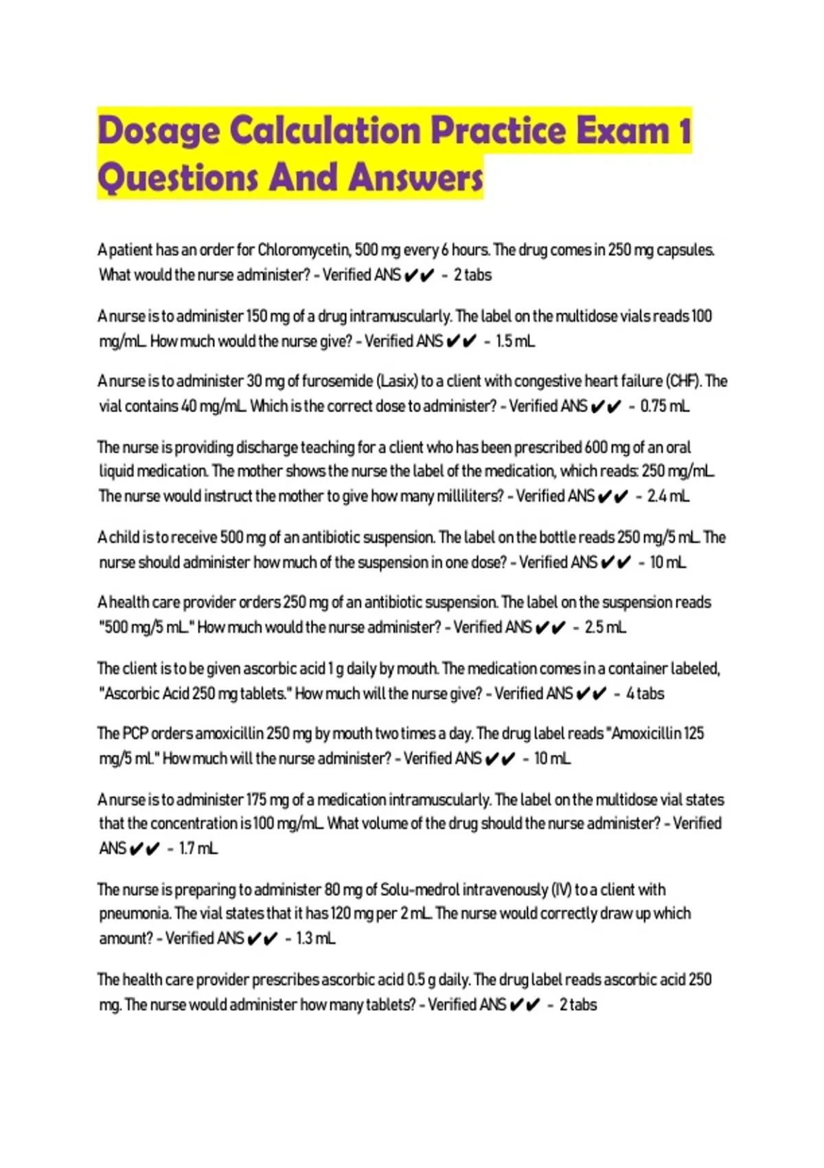 Dosage Calculation Practice Exam 1 Questions And Answers - Dosage ...