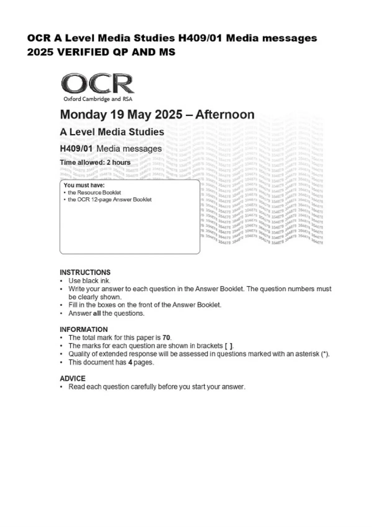 OCR A Level Media Studies H409/01 Media messages 2025 VERIFIED QP AND ...