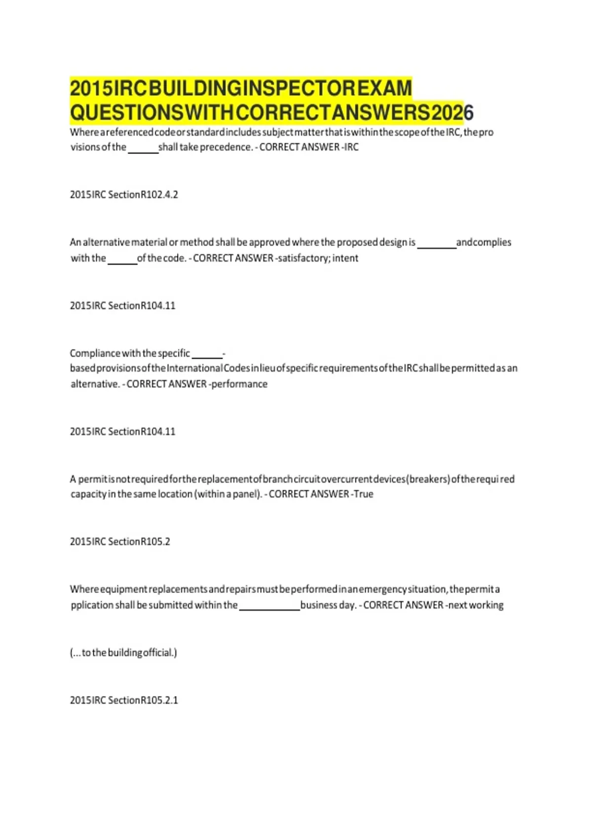 2015 IRC BUILDING INSPECTOR EXAM QUESTIONS WITH CORRECT ANSWERS 2026 ...