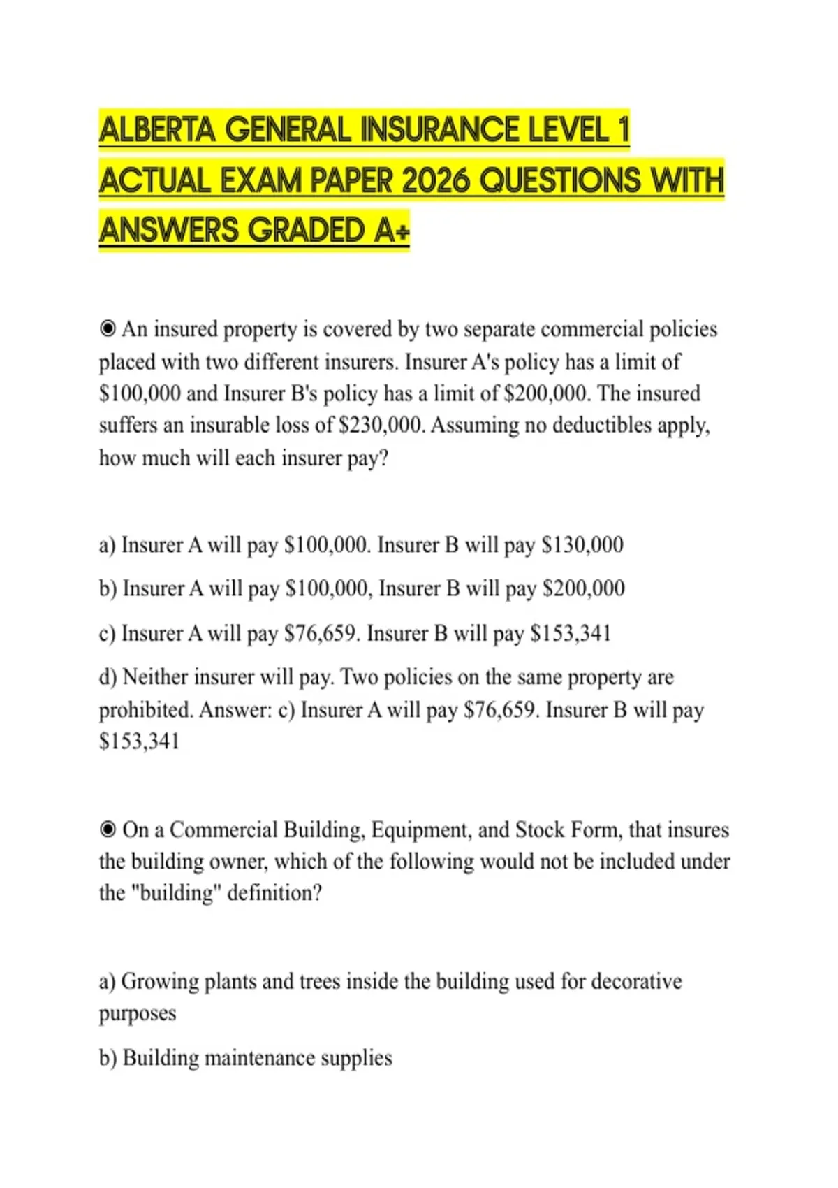 ALBERTA GENERAL INSURANCE LEVEL 1 ACTUAL EXAM PAPER 2026 QUESTIONS WITH ...