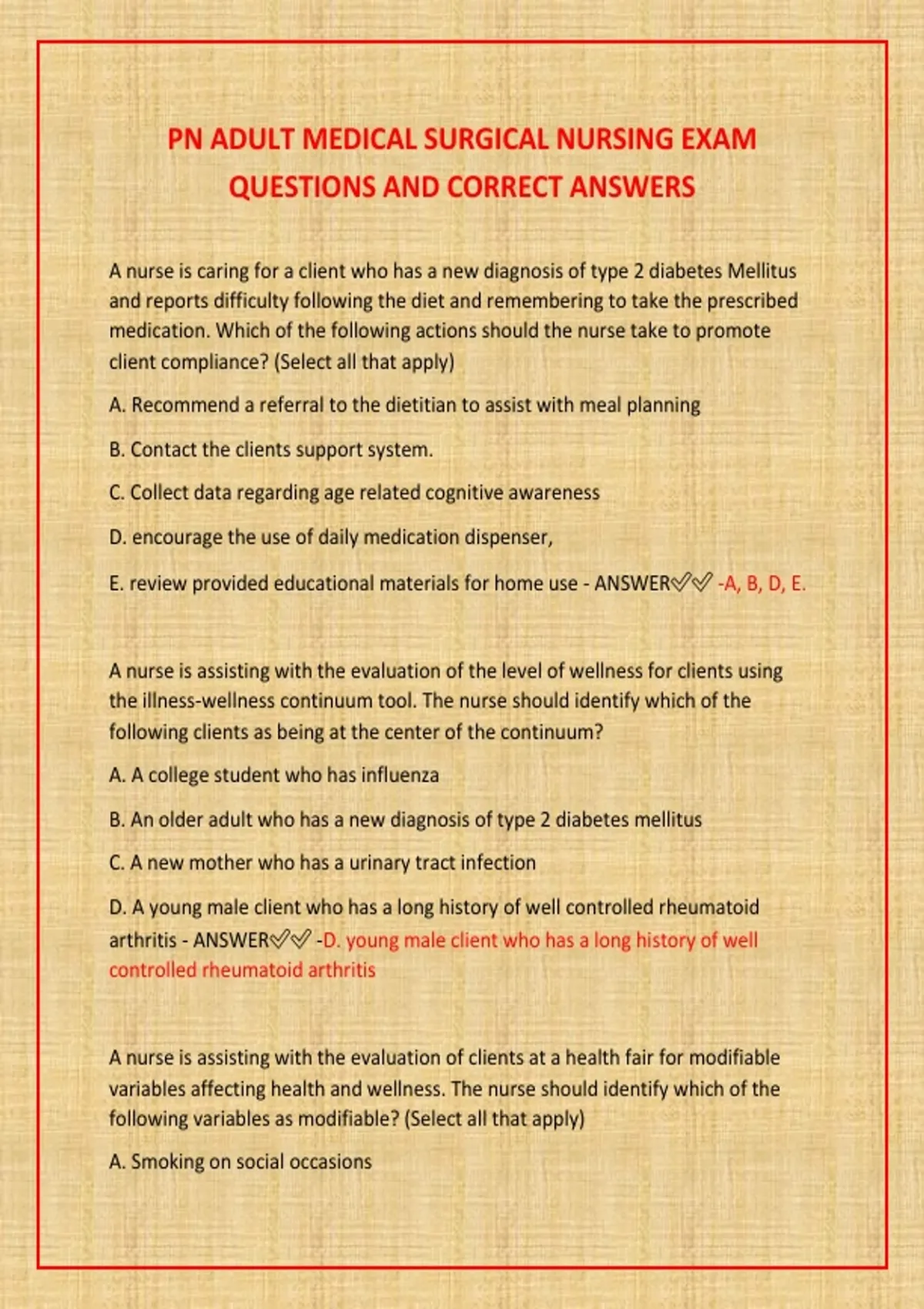 PN ADULT MEDICAL SURGICAL NURSING EXAM QUESTIONS AND CORRECT ANSWERS ...
