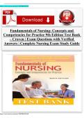 Fundamentals of Nursing&colon; Concepts and Competencies for Practice 9th Edition Test Bank &ndash; Craven &vert; Exam Questions with Verified Answers &vert; Complete Nursing Exam Study Guide