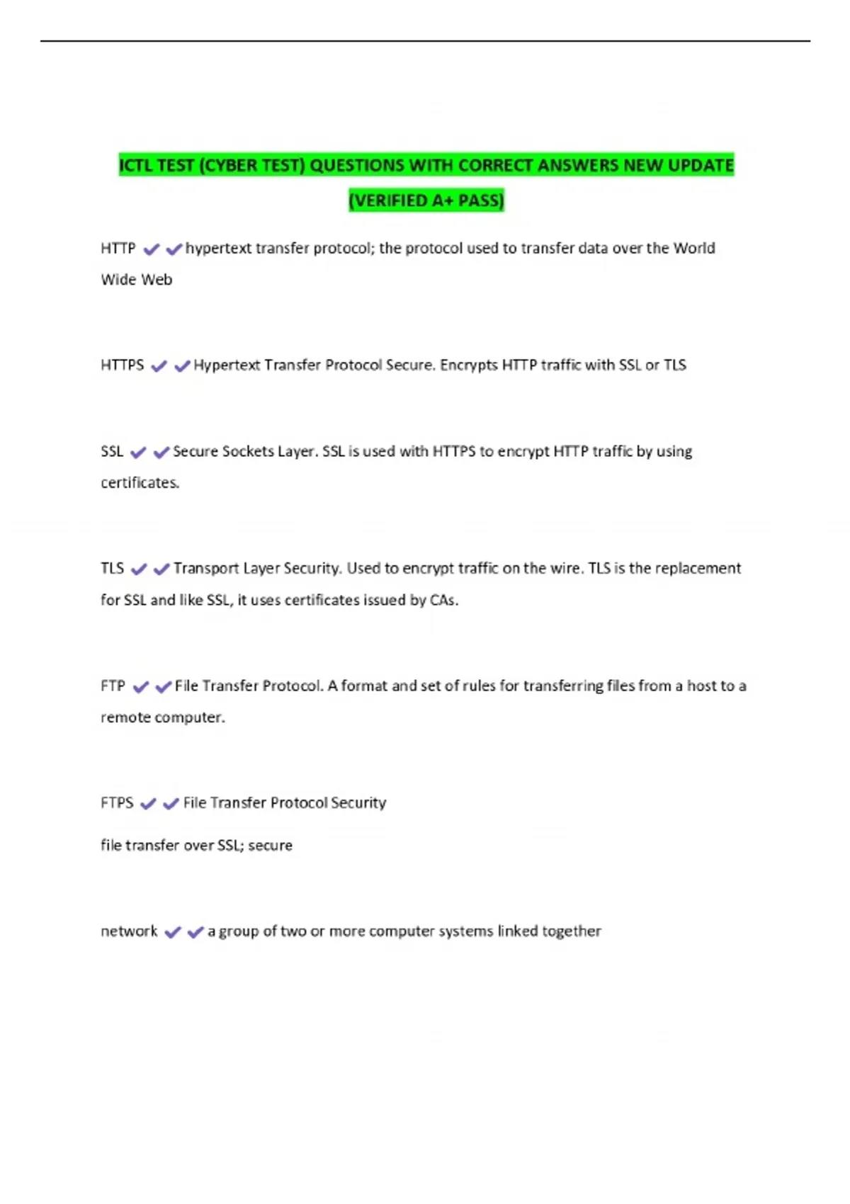 Ictl ICTL TEST (CYBER TEST) QUESTIONS WITH CORRECT ANSWERS NEW UPDATE - ICTL ...