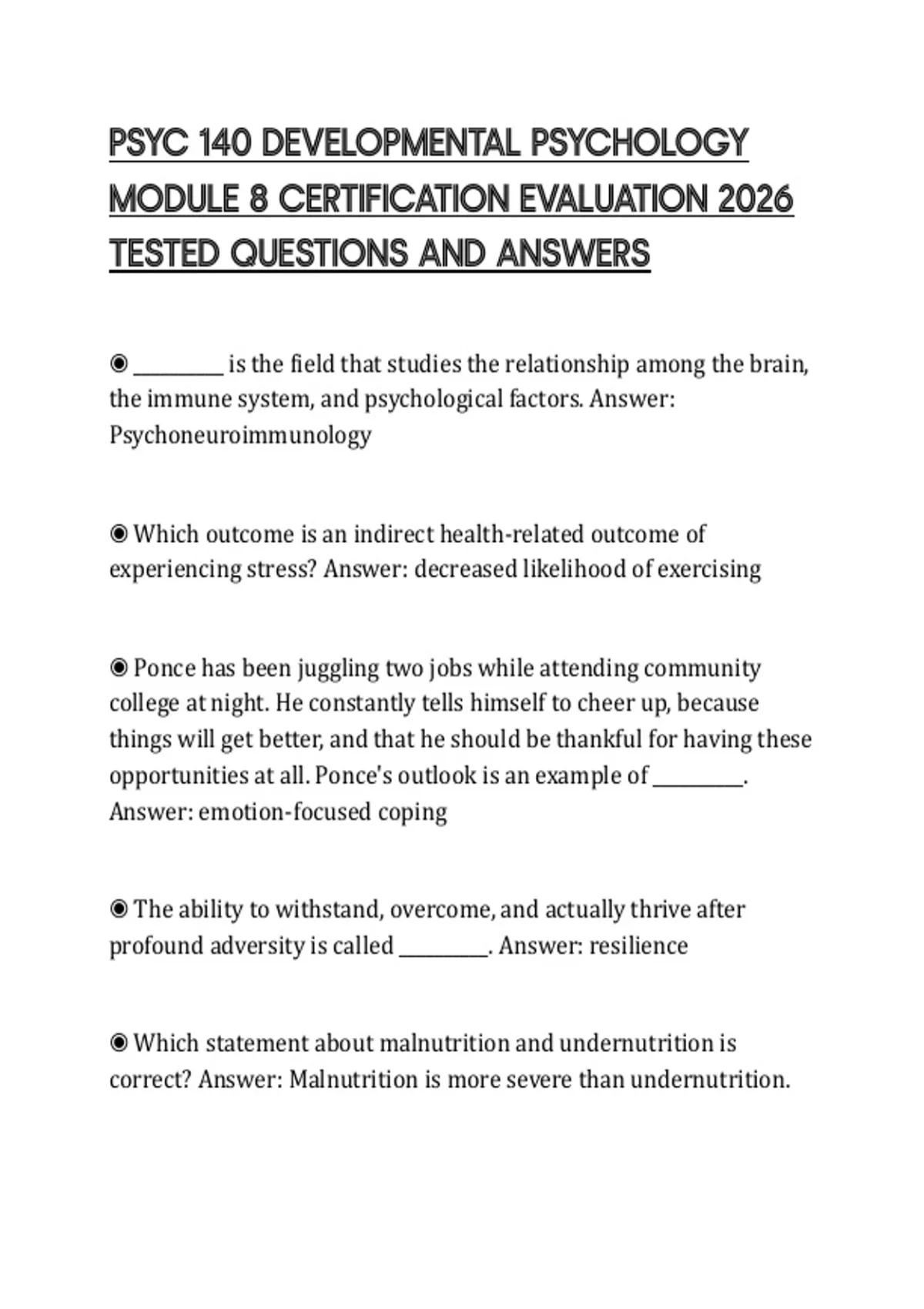 PSYC 140 DEVELOPMENTAL PSYCHOLOGY MODULE 8 CERTIFICATION EVALUATION ...