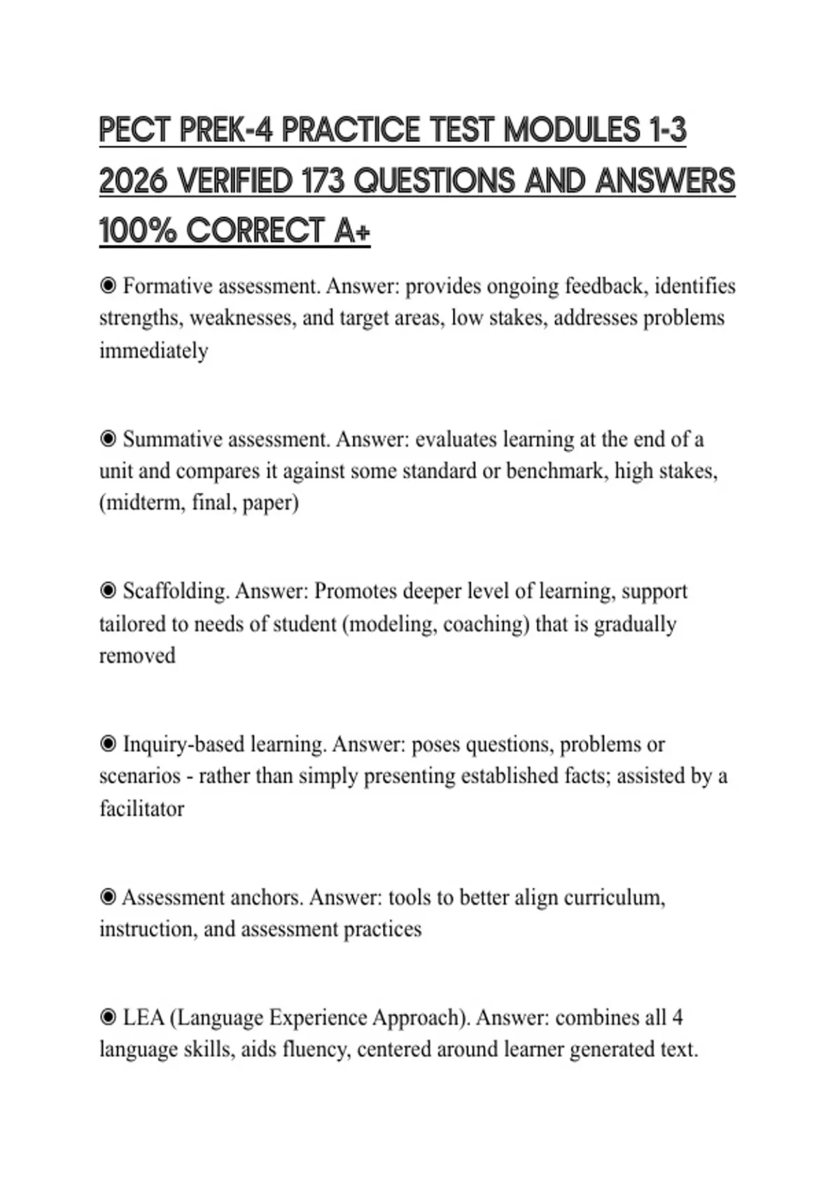 PECT PREK-4 PRACTICE TEST MODULES 1-3 2026 VERIFIED 173 QUESTIONS AND ...