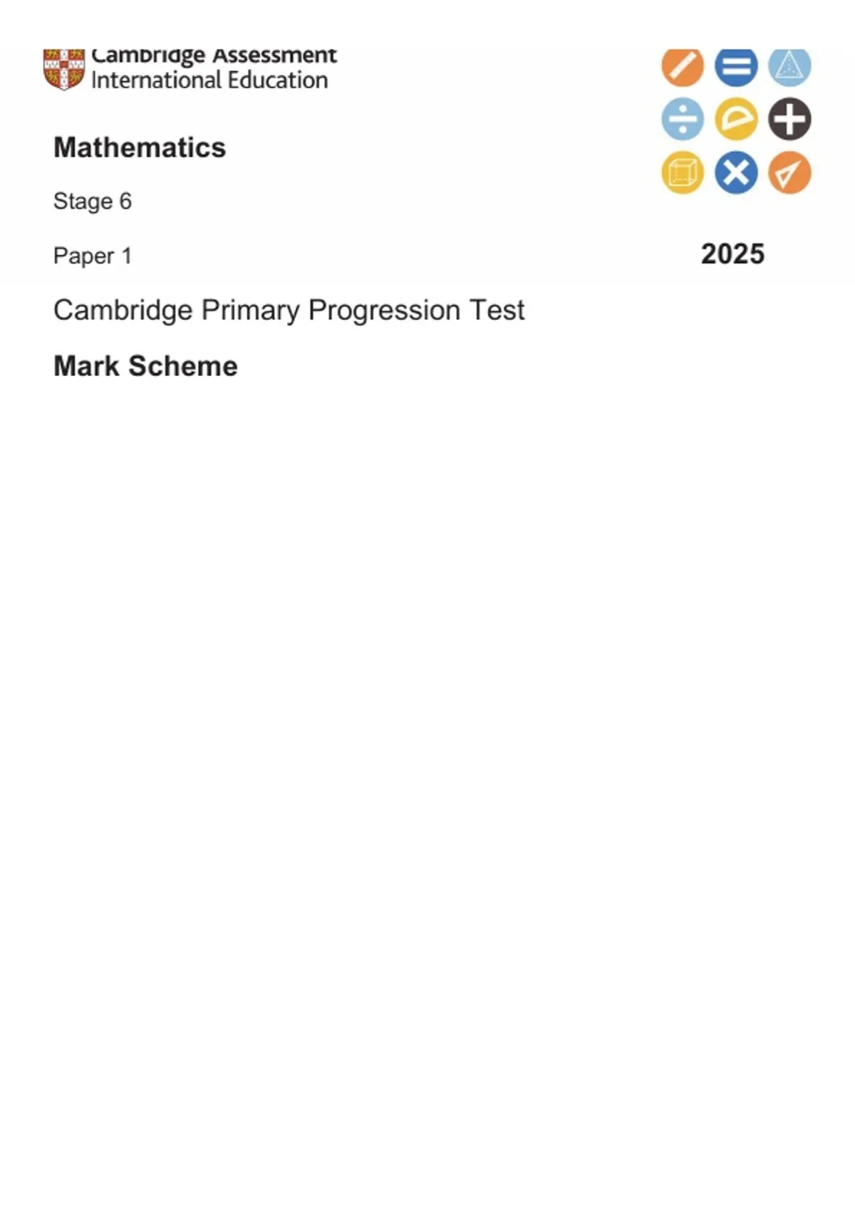 Mathematics Progression Test 2025 Mark Scheme Math Progression Test ...