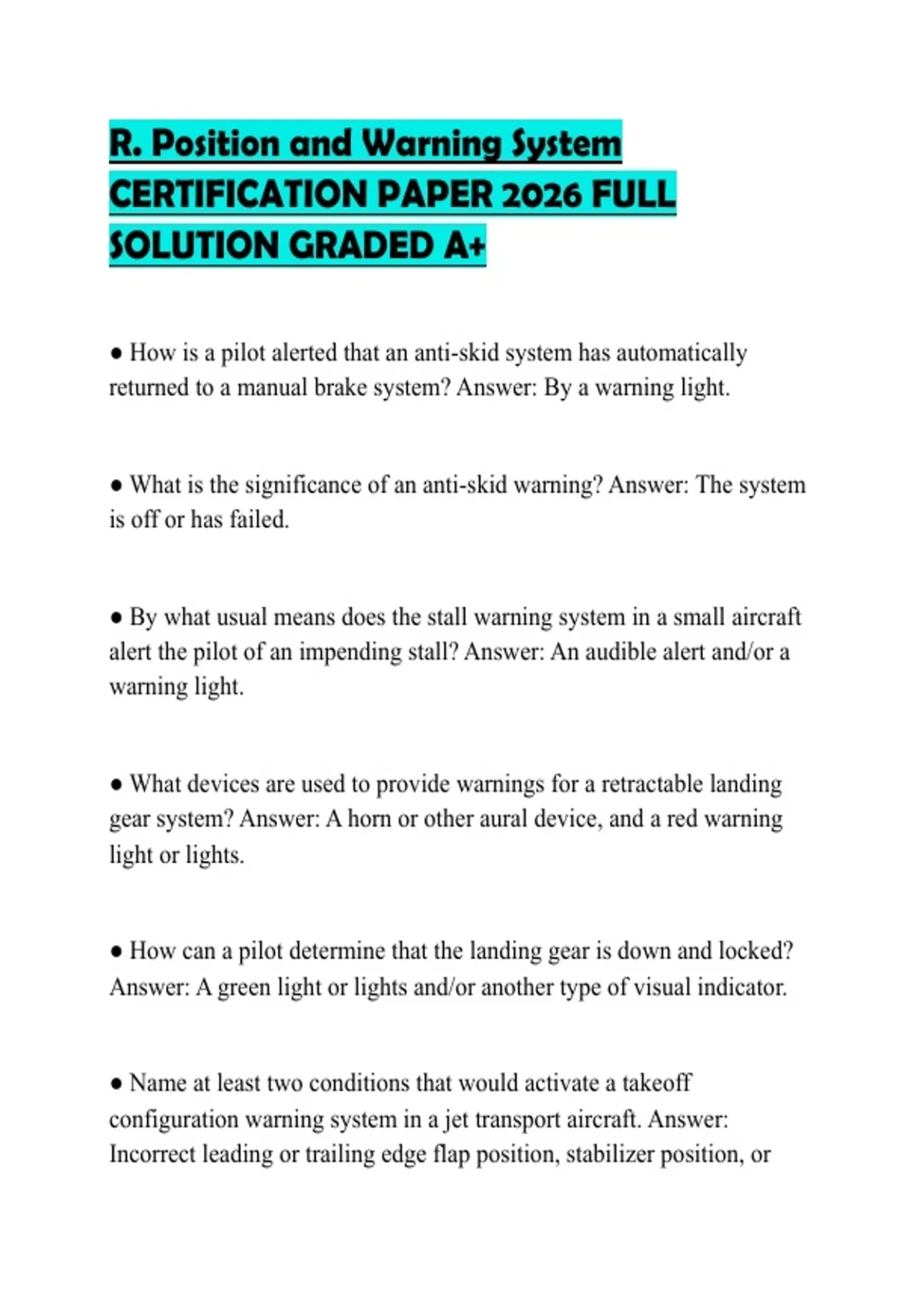 R Position R. Position and Warning System CERTIFICATION PAPER 2026 FULL SOLUTION ...