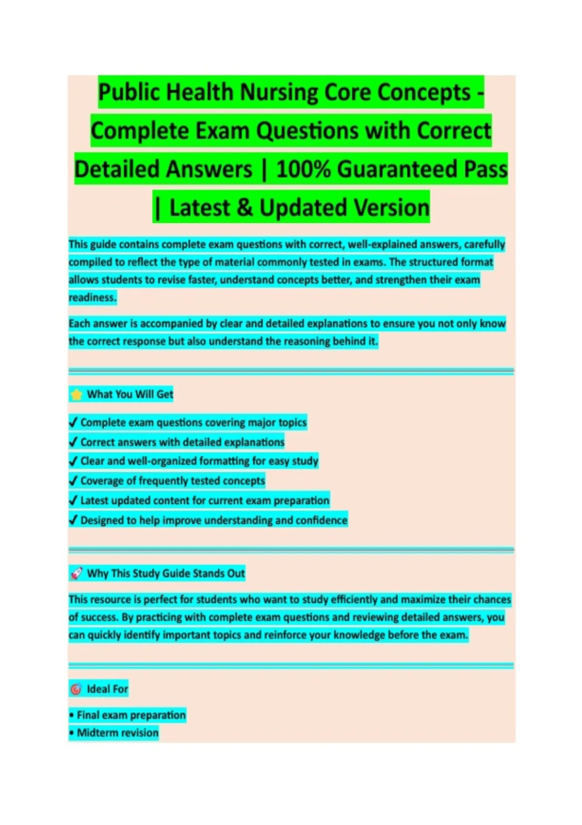 Public Health Nursing Core Concepts – Latest Version Exam Review with ...