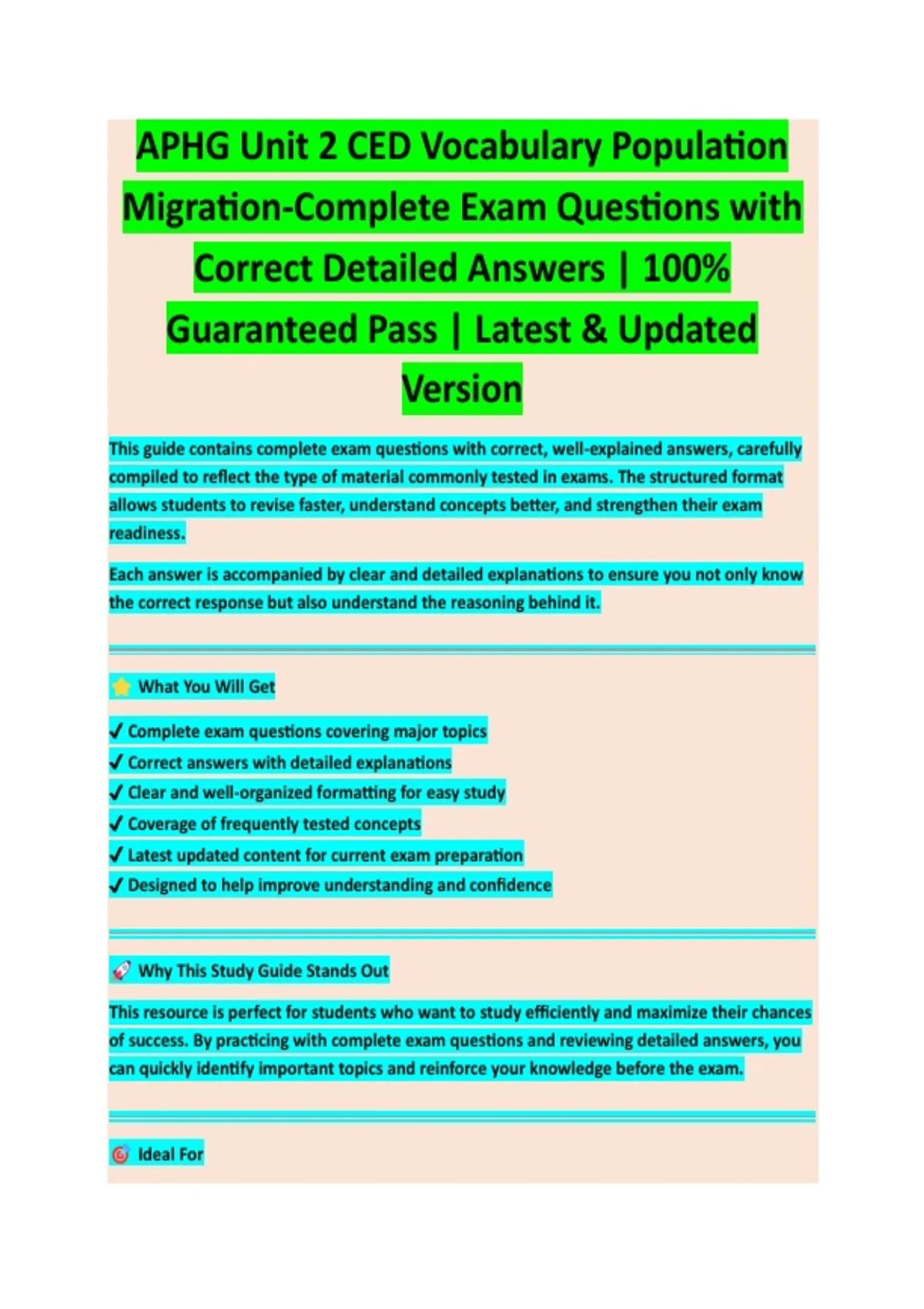 APHG Unit 2 CED Population Vocabulary - Latest Version Exam Review with ...