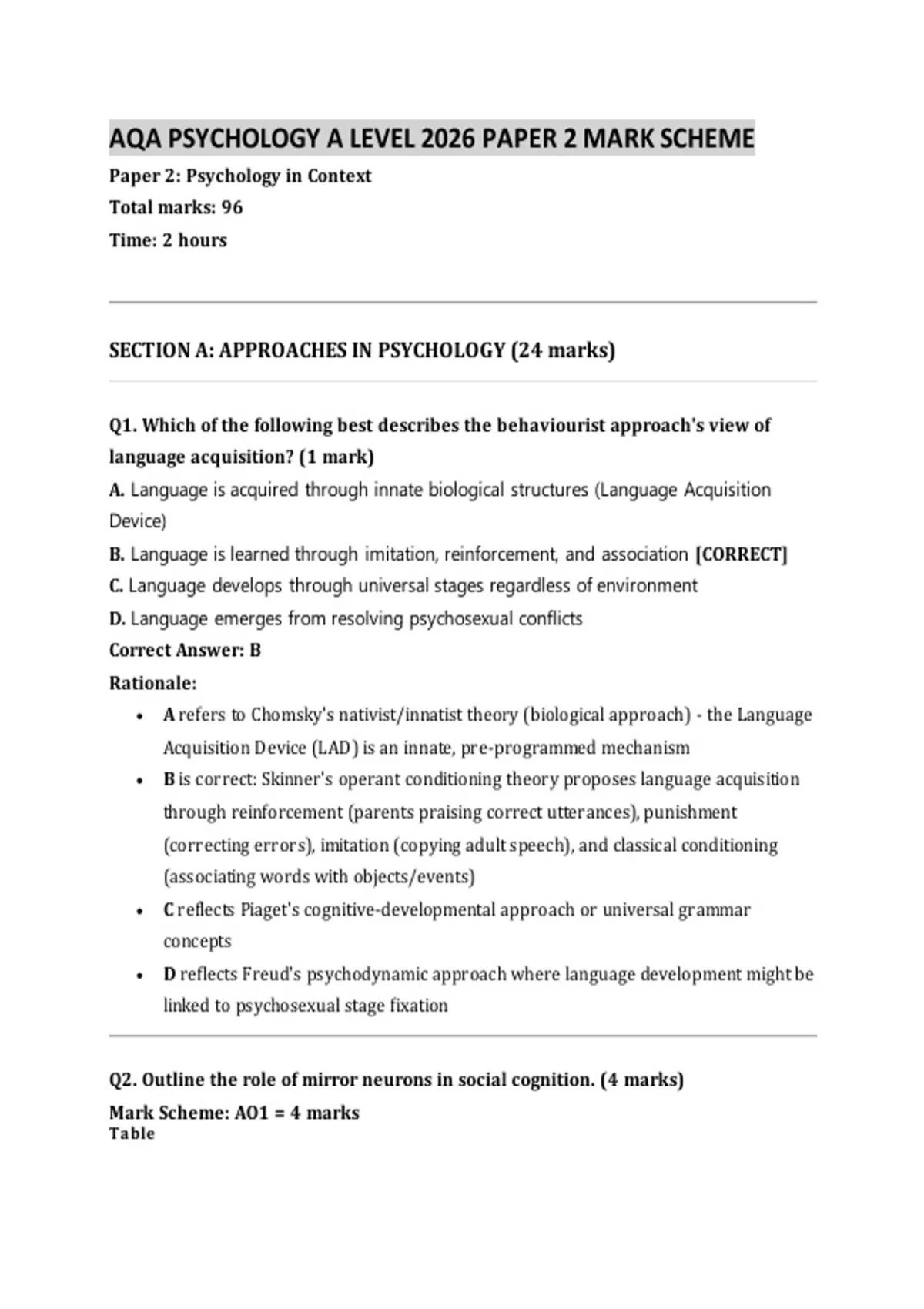 AQA PSYCHOLOGY A LEVEL 2026 PAPER 2 | Actual Mark Scheme & Exam Q&A ...