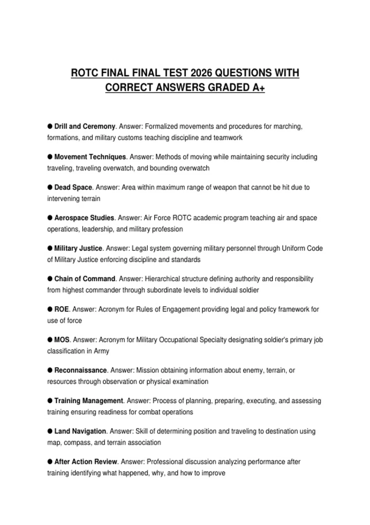 ROTC FINAL FINAL TEST 2026 QUESTIONS WITH CORRECT ANSWERS GRADED A+ ...