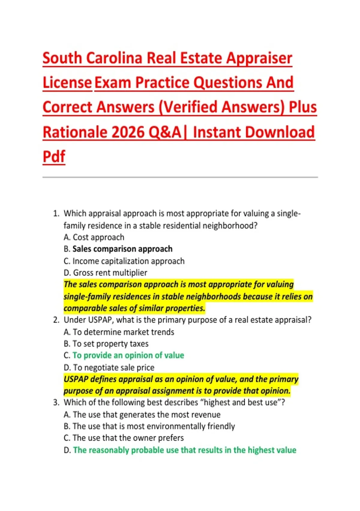 South Carolina Real Estate Appraiser License Exam Practice Questions And Correct Answers ...