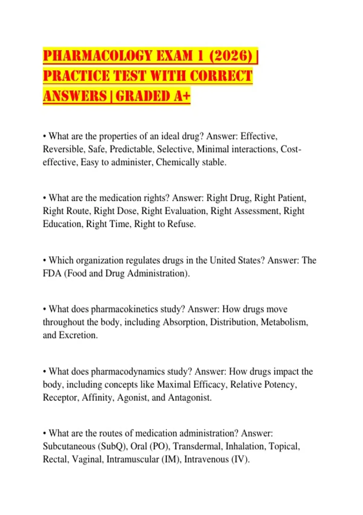 Pharmacology Exam 1 (2026) | Practice Test with Correct Answers ...