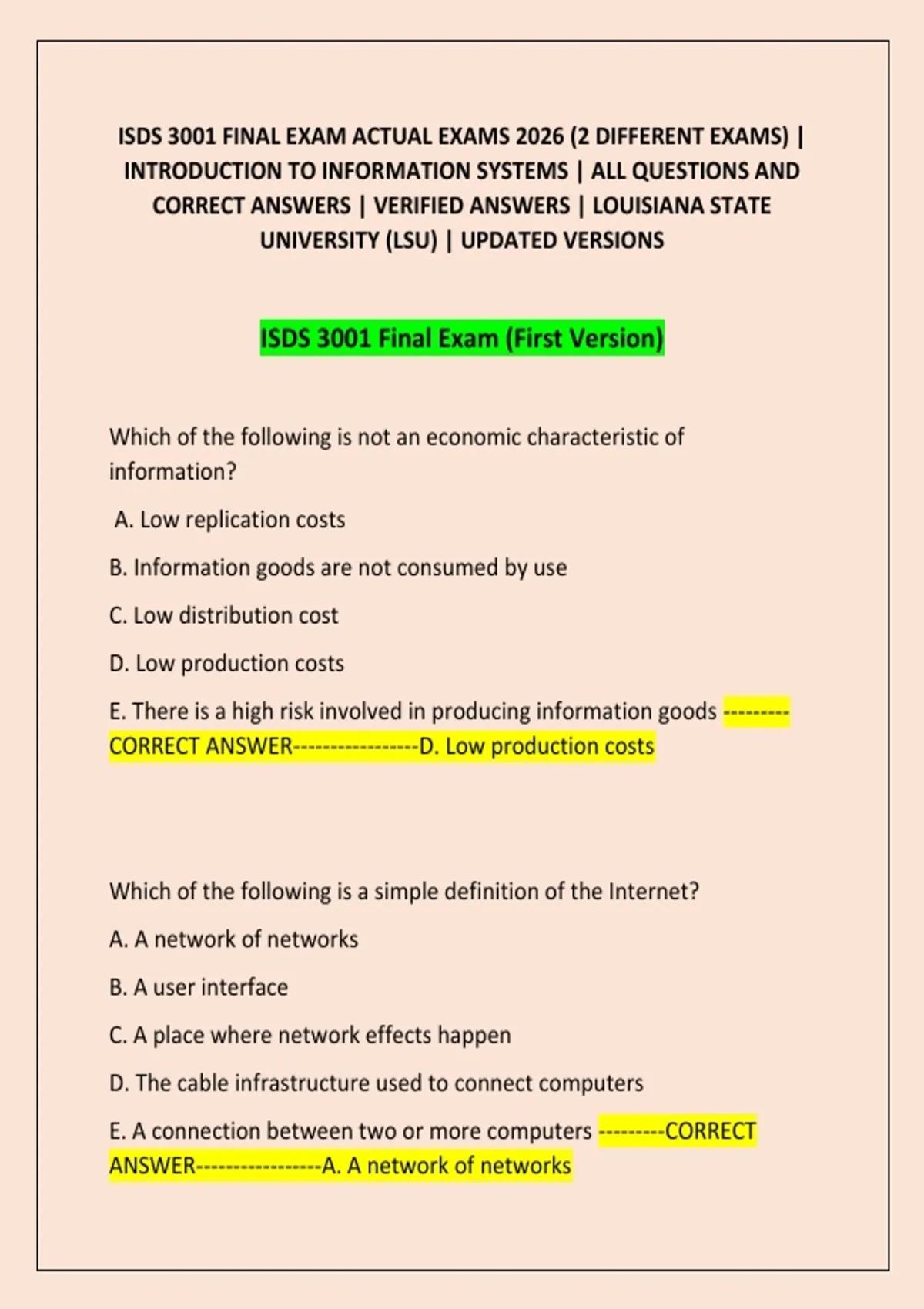 ISDS 3001 FINAL EXAM ACTUAL EXAMS 2026 (2 DIFFERENT EXAMS ...