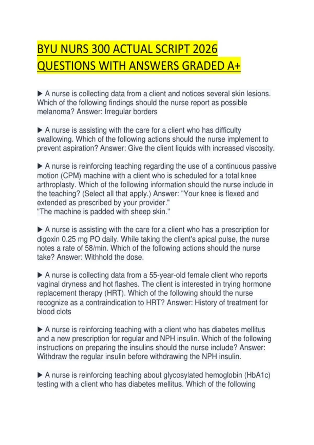 BYU NURS 300 ACTUAL SCRIPT 2026 QUESTIONS WITH ANSWERS GRADED A+ - BYU ...