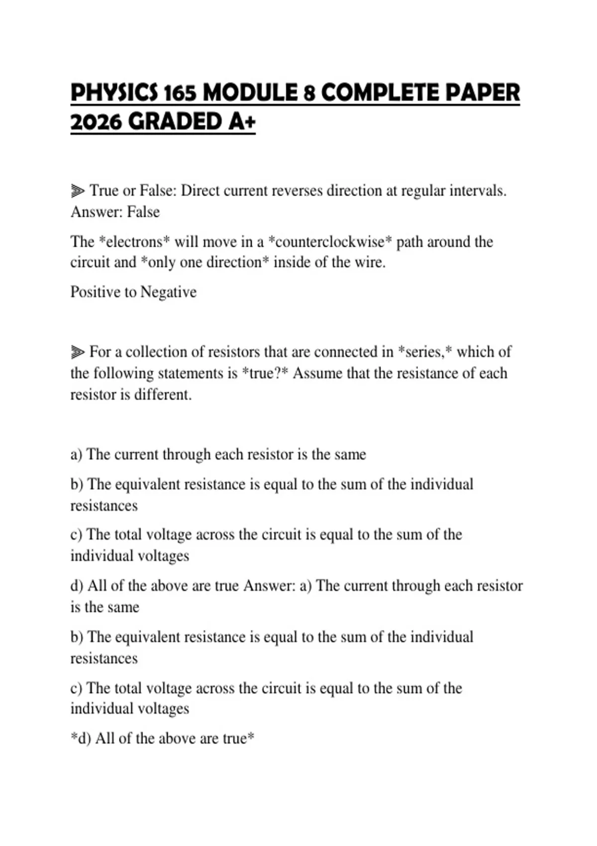 Physics Module 8 PHYSICS 165 MODULE 8 COMPLETE PAPER 2026 GRADED A+ - PHYSICS 165 MODULE ...