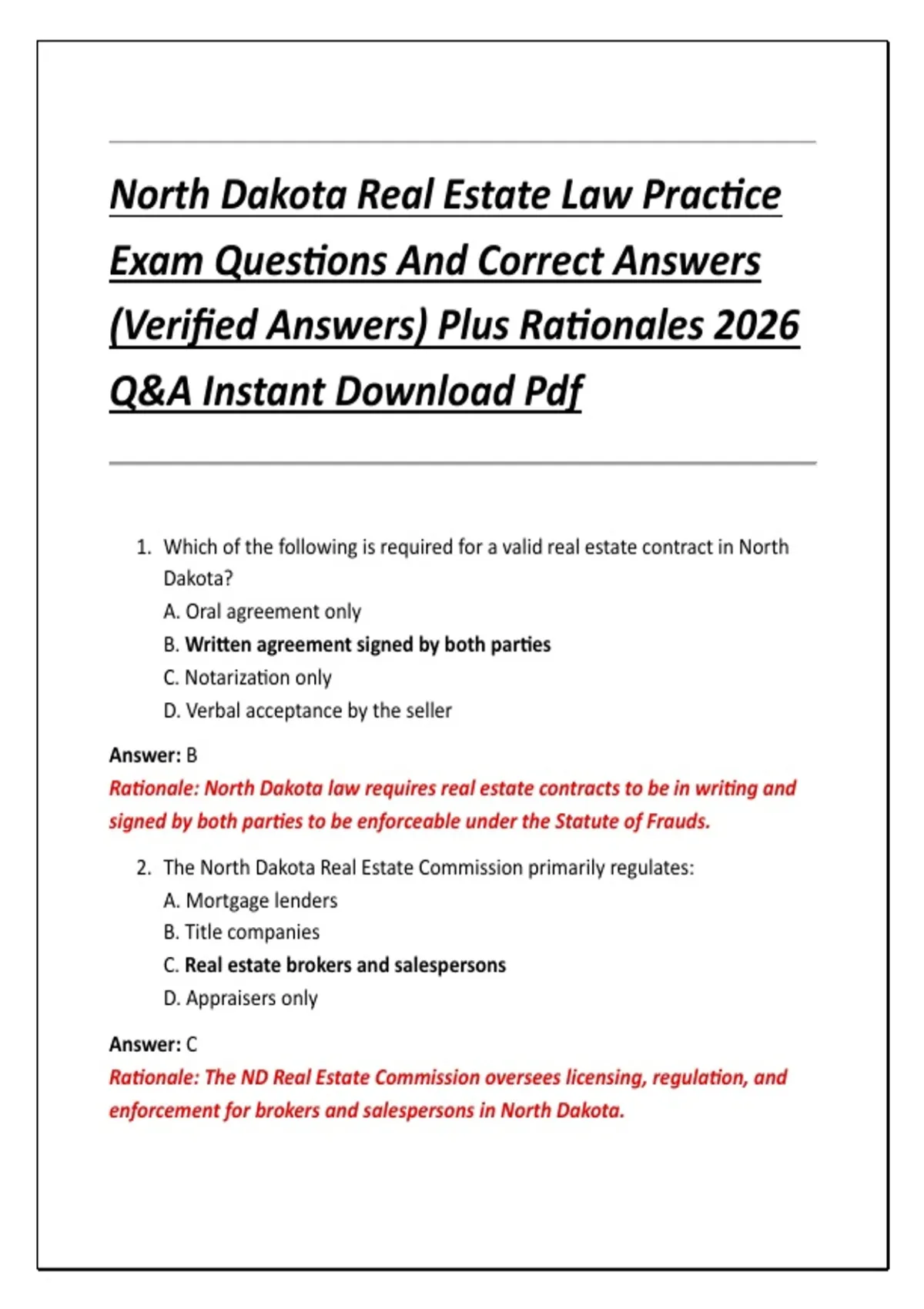 North Dakota Real Estate Law Practice Exam Questions And Correct ...