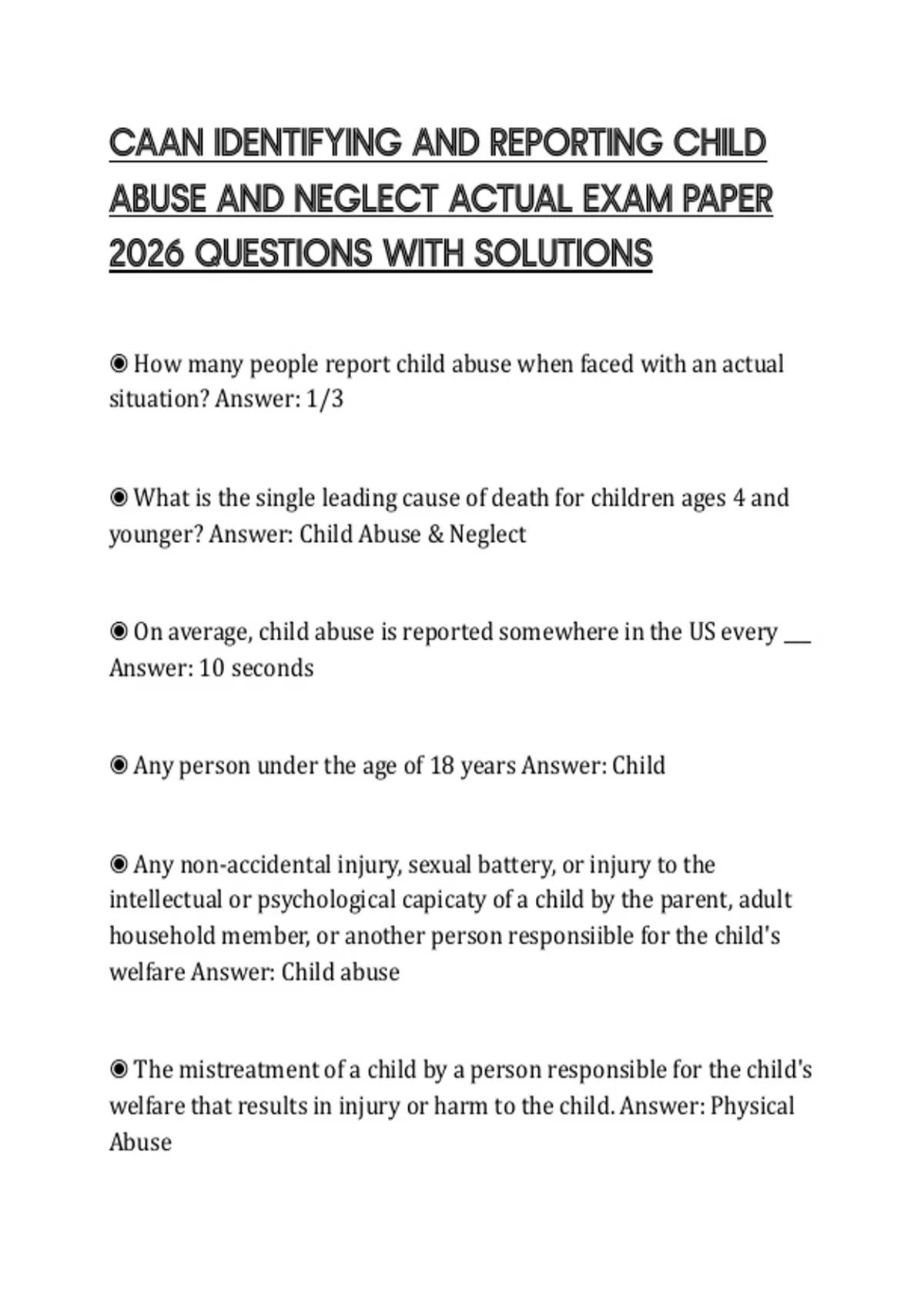 CAAN IDENTIFYING AND REPORTING CHILD ABUSE AND NEGLECT ACTUAL EXAM ...