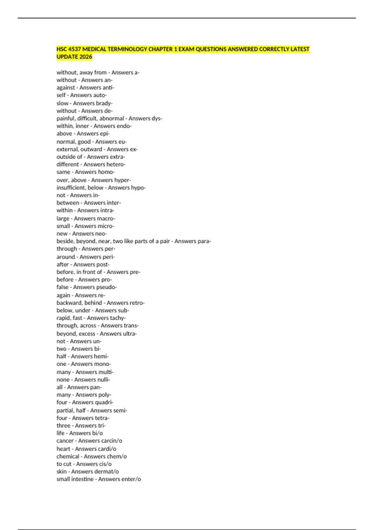 HSC 4537 MEDICAL TERMINOLOGY CHAPTER 1 EXAM QUESTIONS ANSWERED ...
