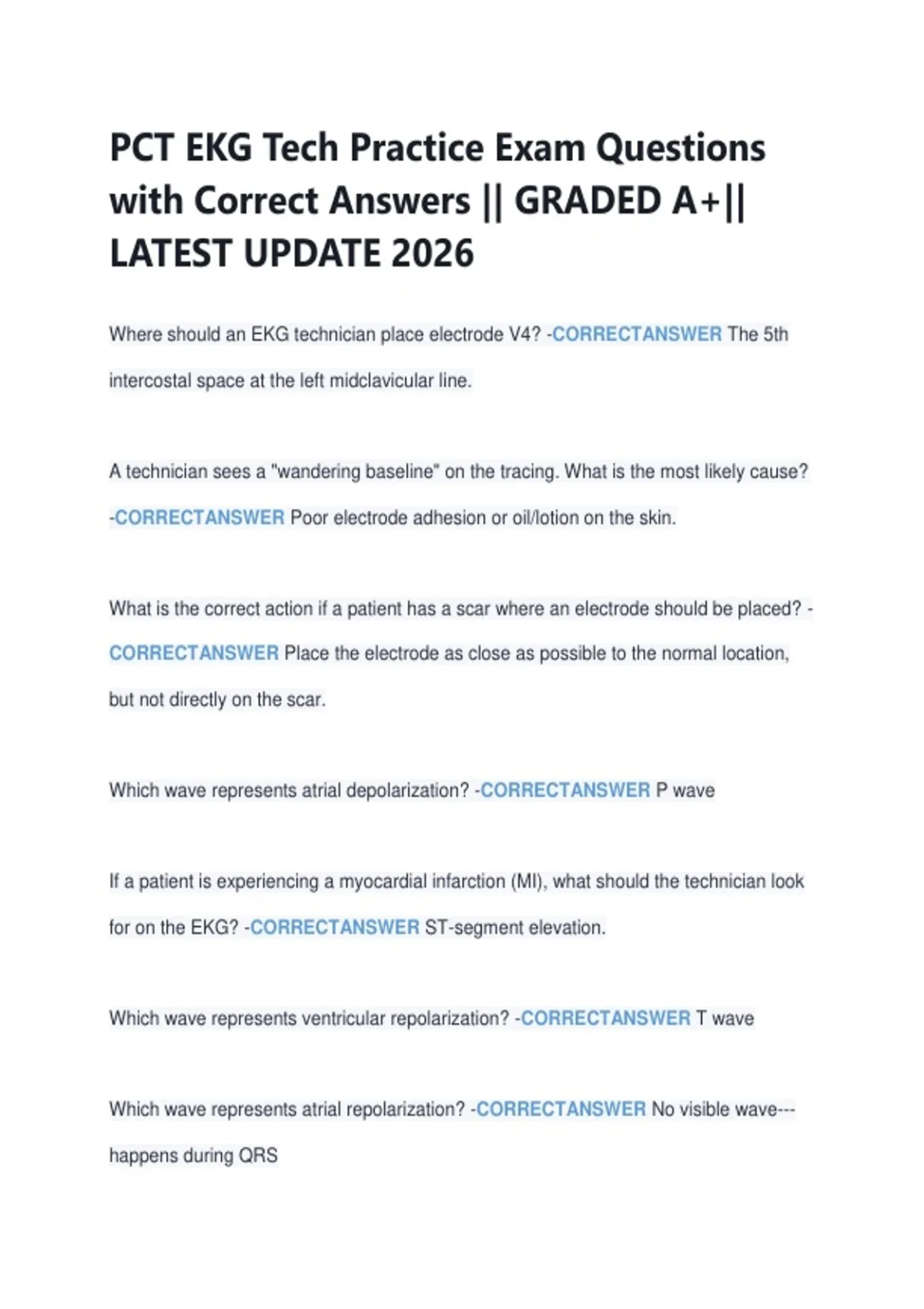 Tech Enhanced Question Practice PCT EKG Tech Practice Exam Questions with Correct Answers || GRADED A+ ...