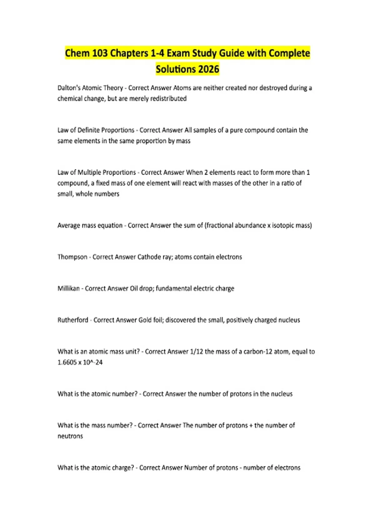 Chem 103 Chapters 1-4 Exam Study Guide with Complete Solutions 2026 ...