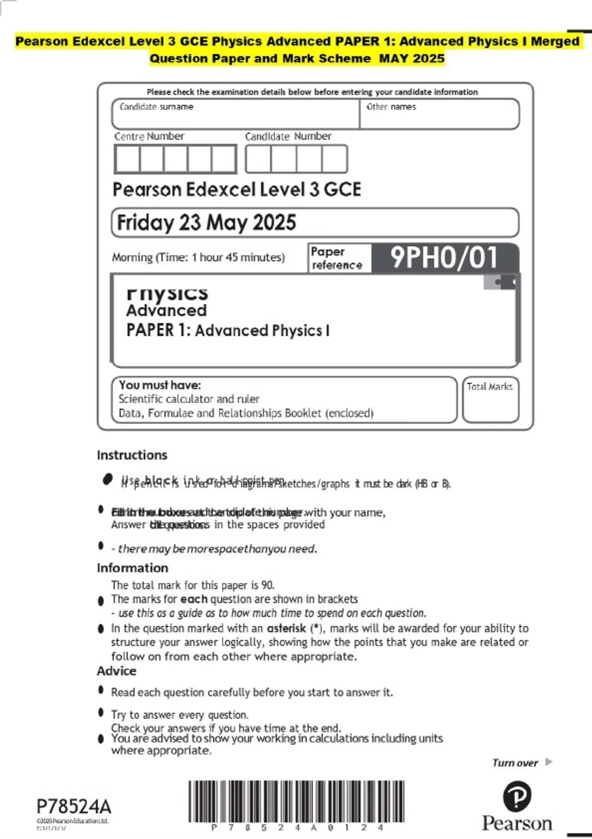 Pearson Edexcel Level 3 GCE Physics Advanced PAPER 1: Advanced Physics ...