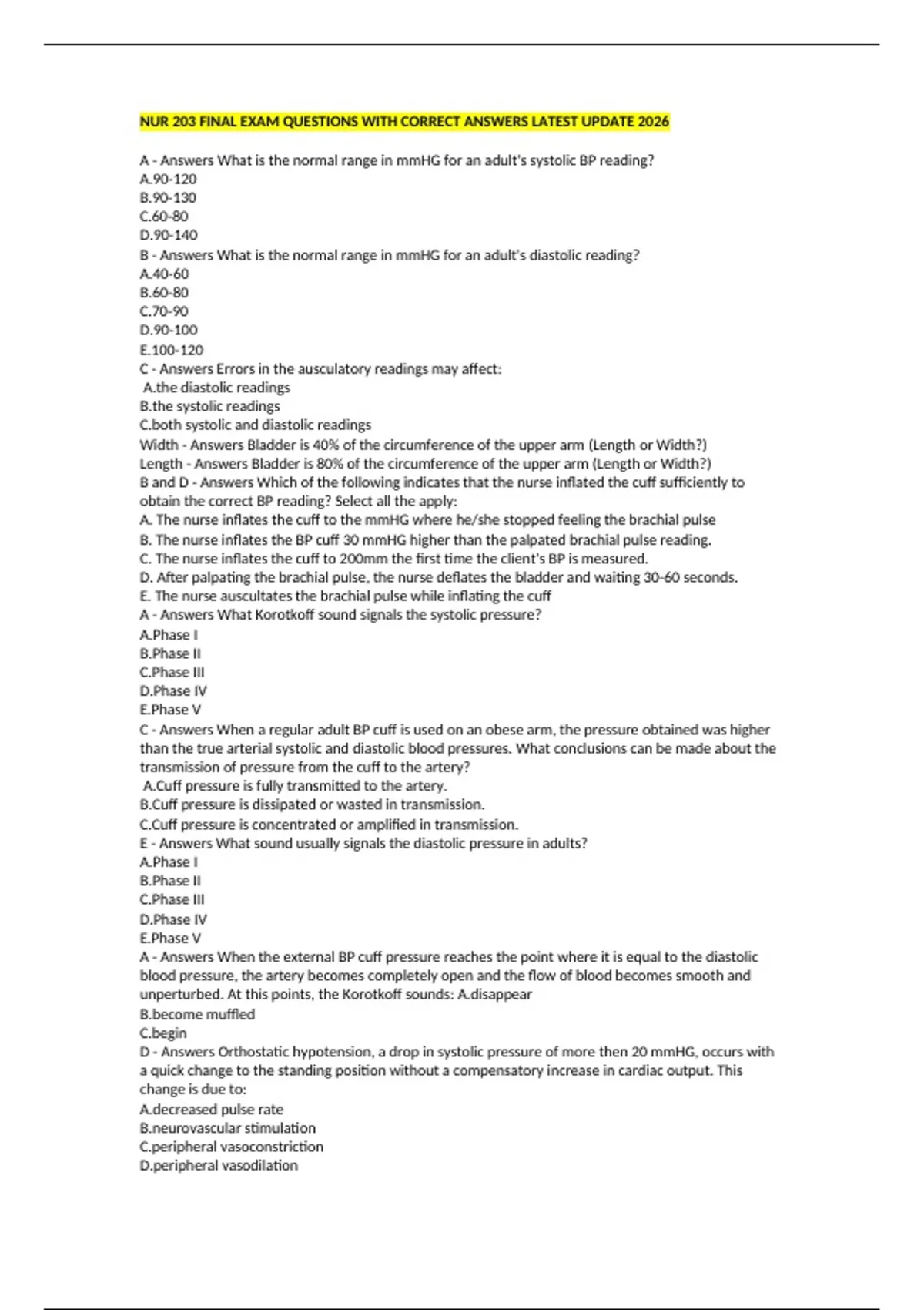 NUR 203 FINAL EXAM QUESTIONS WITH CORRECT ANSWERS LATEST UPDATE 2026 ...