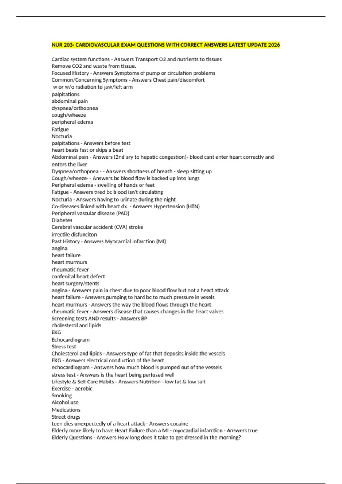 NUR 203- CARDIOVASCULAR EXAM QUESTIONS WITH CORRECT ANSWERS LATEST ...
