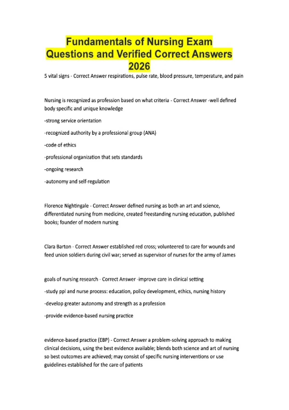 Fundamentals of Nursing Exam Questions and Verified Correct Answers ...