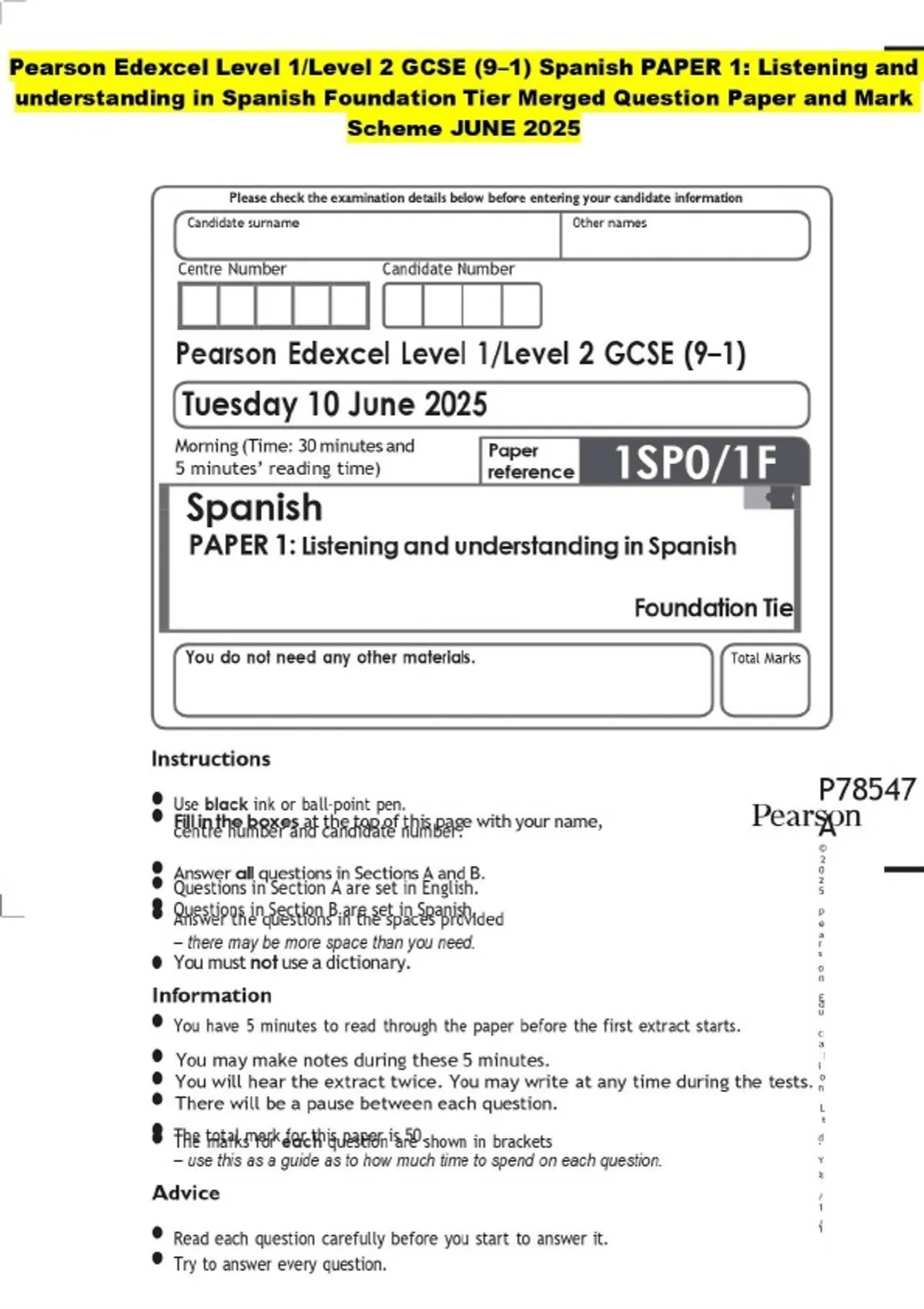 Pearson Spanish Questions Module Pearson Edexcel Level 1/Level 2 GCSE (9–1) Spanish PAPER 1: Listening ...
