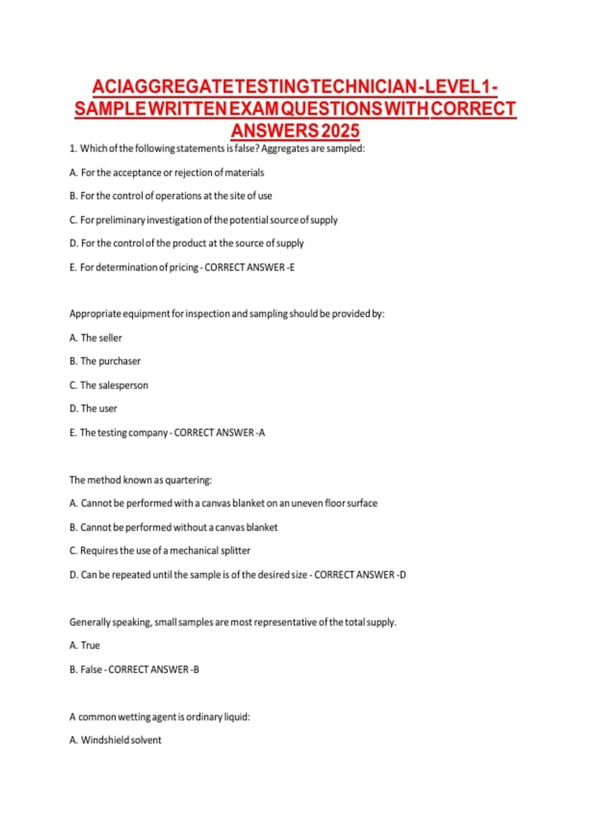 ACI Aggregate Testing Technician – Level 1 Sample Written Exam ...